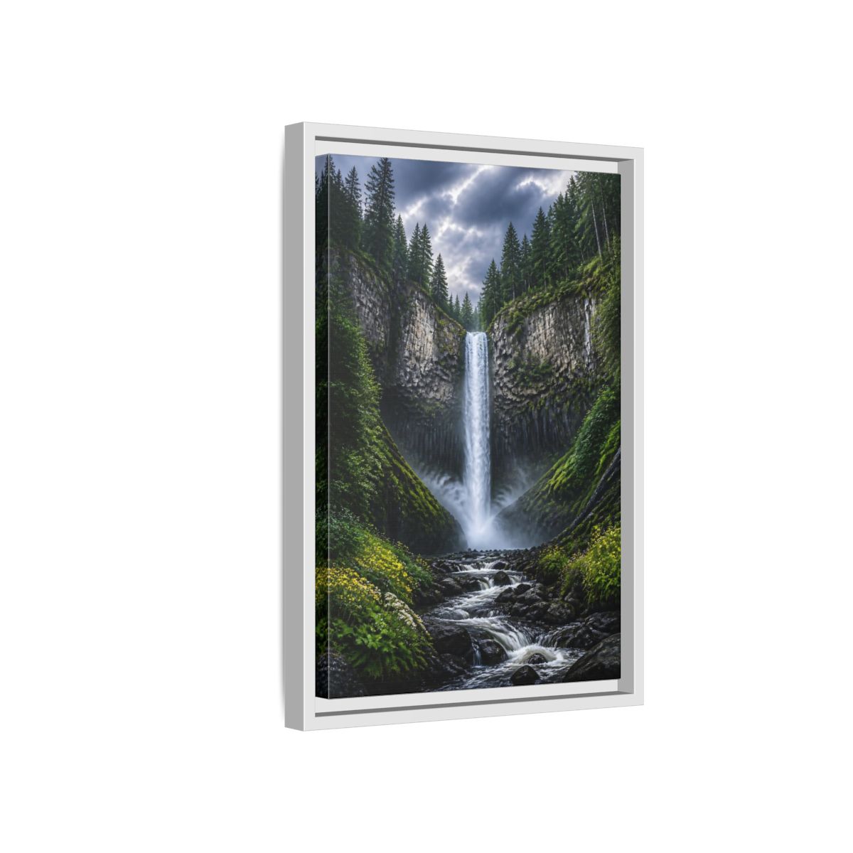 Side Mockup 4. Nature Waterfall Green And Gray Waterfall shown as stretched canvas wall art