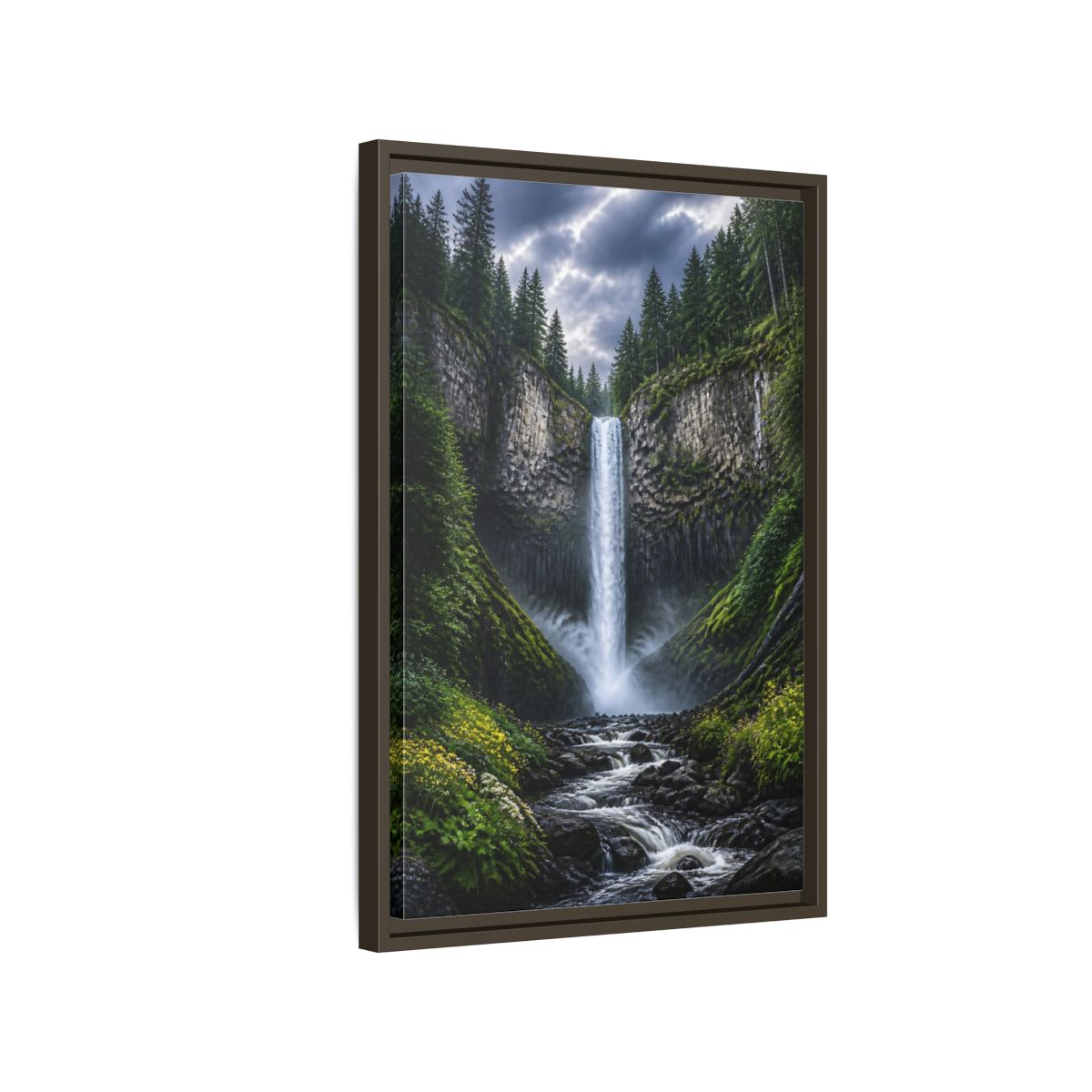 Side Mockup 2. Nature Waterfall Green And Gray Waterfall shown as stretched canvas wall art
