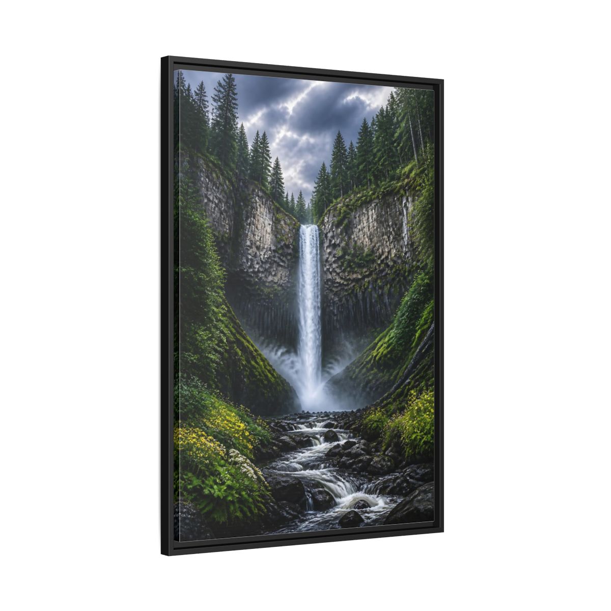 Side Mockup 13. Nature Waterfall Green And Gray Waterfall shown as stretched canvas wall art
