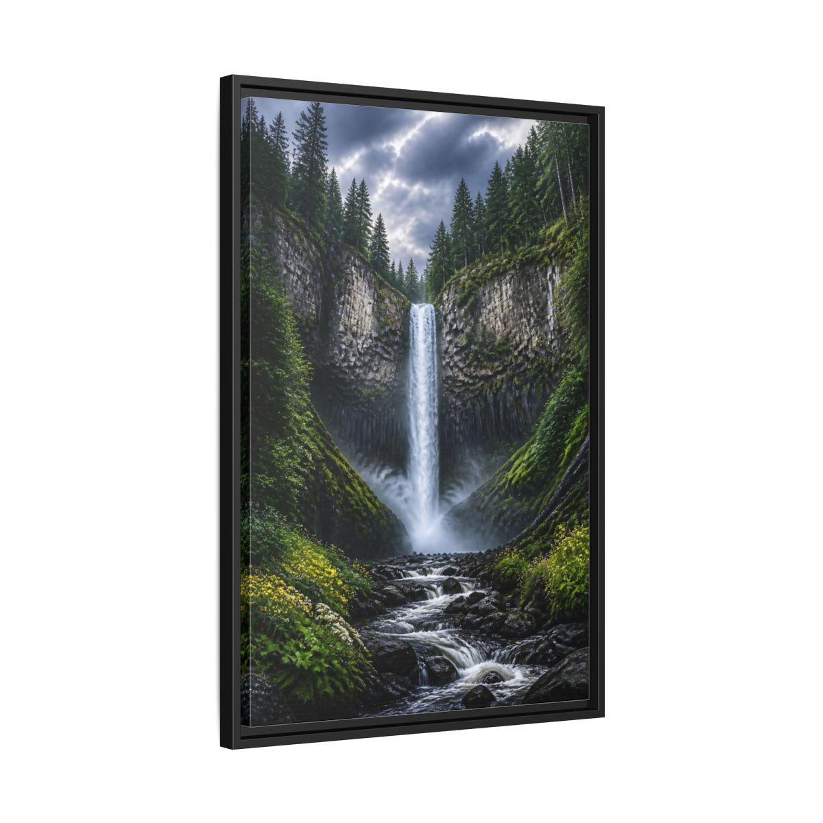 Side Mockup 14. Nature Waterfall Green And Gray Waterfall shown as stretched canvas wall art