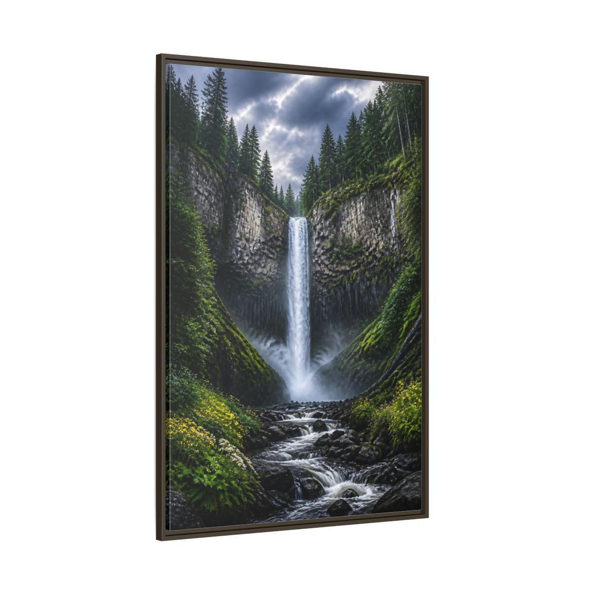 Side Mockup 8. Nature Waterfall Green And Gray Waterfall shown as stretched canvas wall art