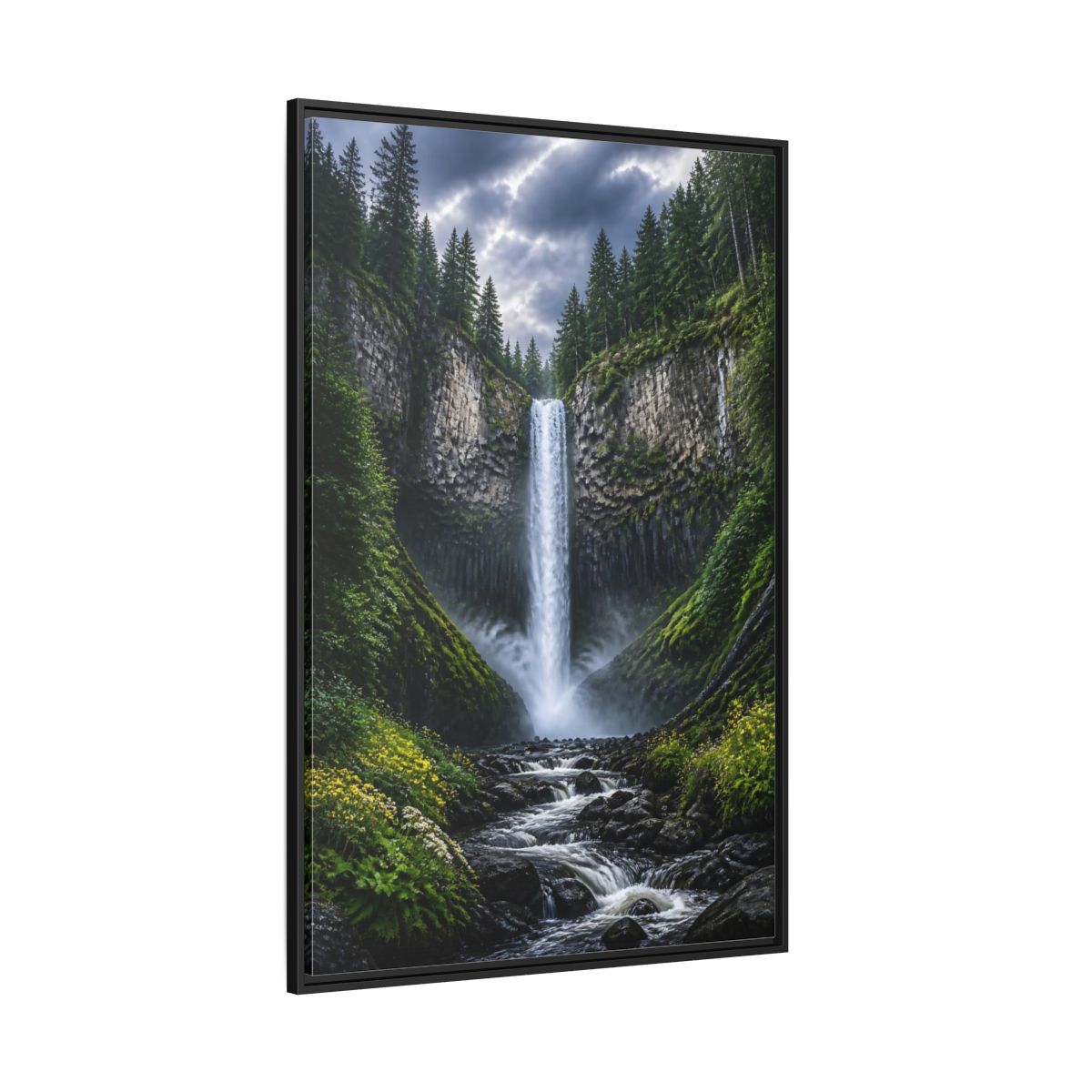 Side Mockup 12. Nature Waterfall Green And Gray Waterfall shown as stretched canvas wall art