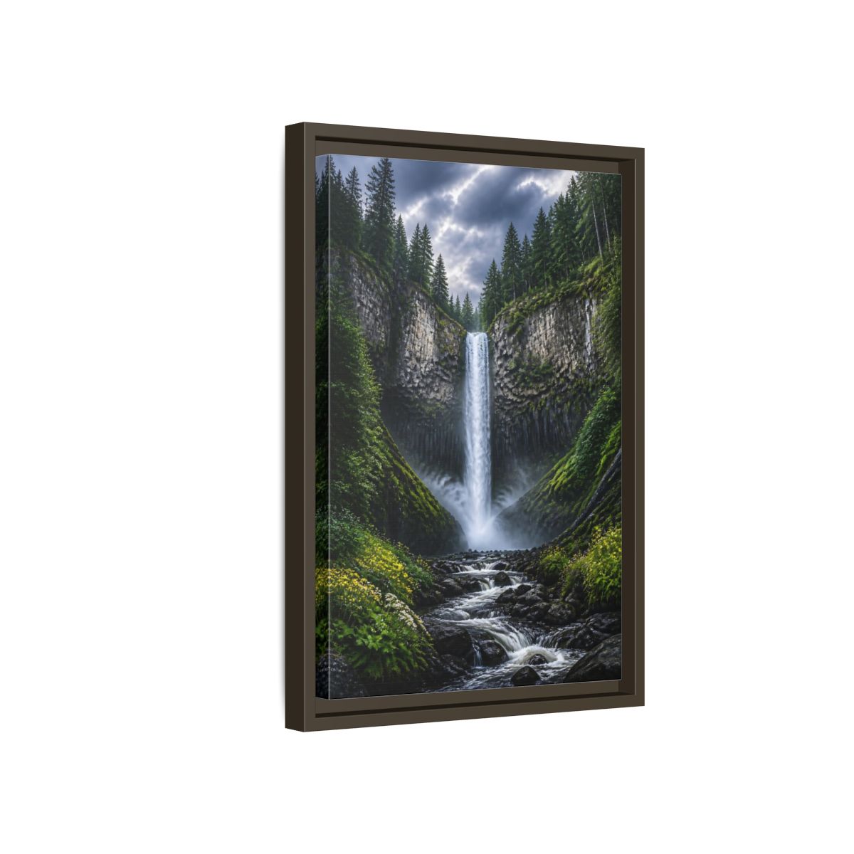 Side Mockup 5. Nature Waterfall Green And Gray Waterfall shown as stretched canvas wall art