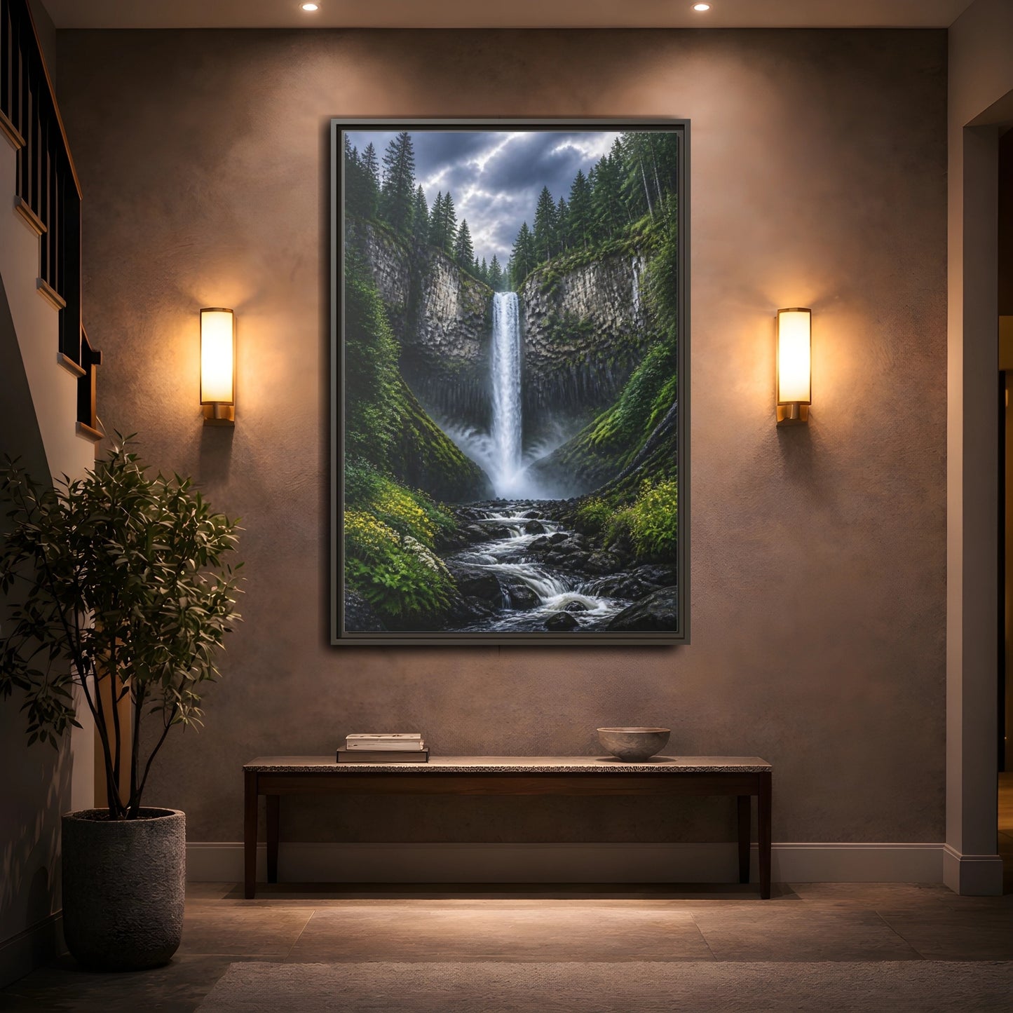 Mockup 2. Nature Waterfall Green And Gray Waterfall shown as stretched canvas wall art
