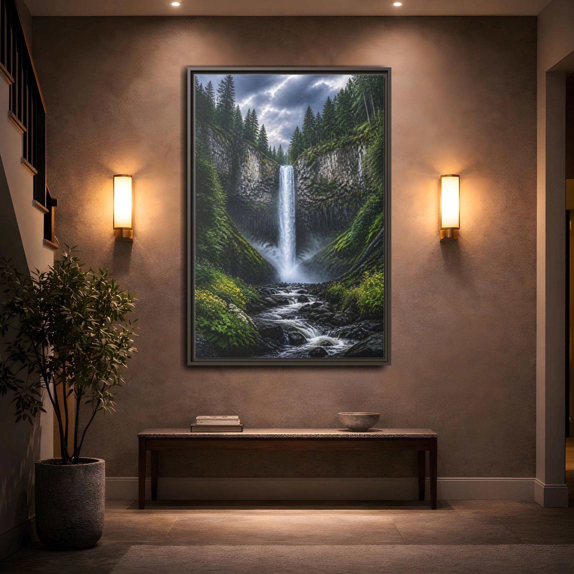 Mockup 2. Nature Waterfall Green And Gray Waterfall shown as stretched canvas wall art