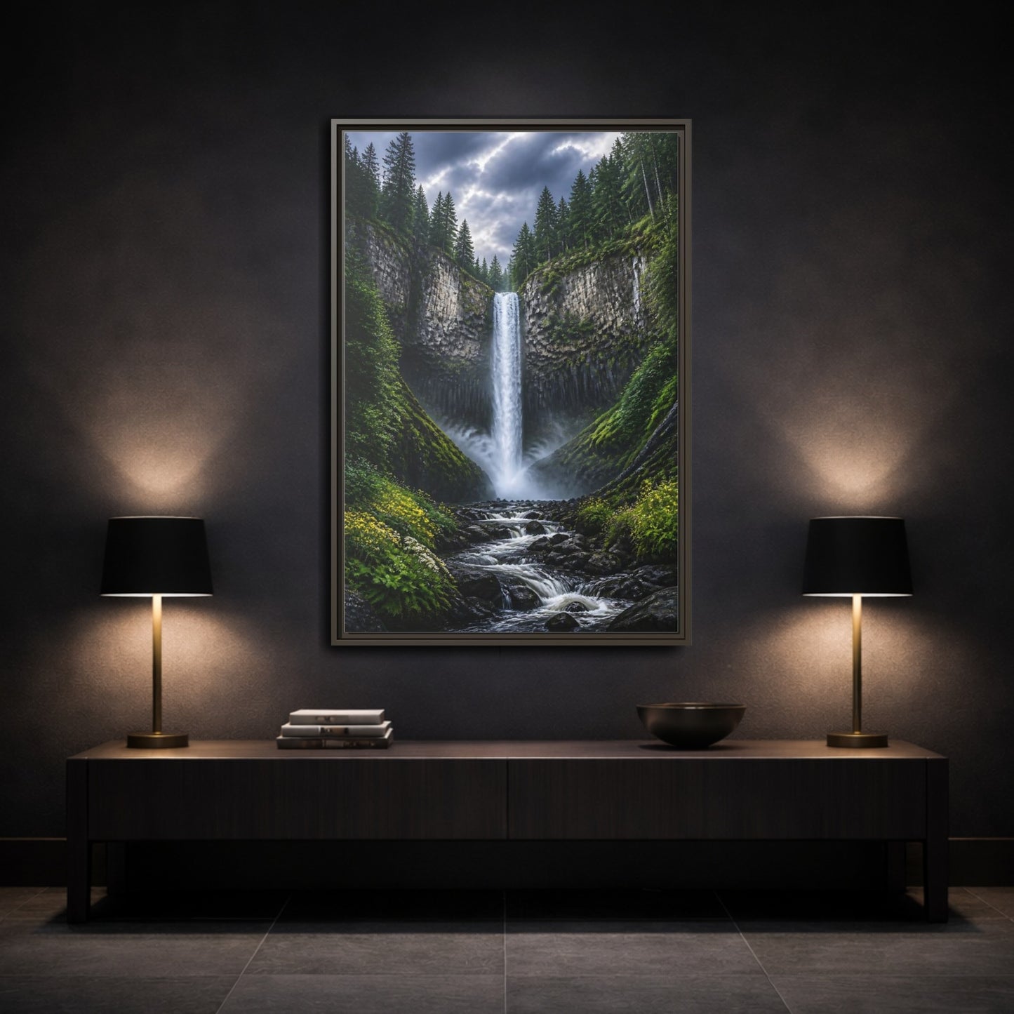 Mockup 3. Nature Waterfall Green And Gray Waterfall shown as stretched canvas wall art