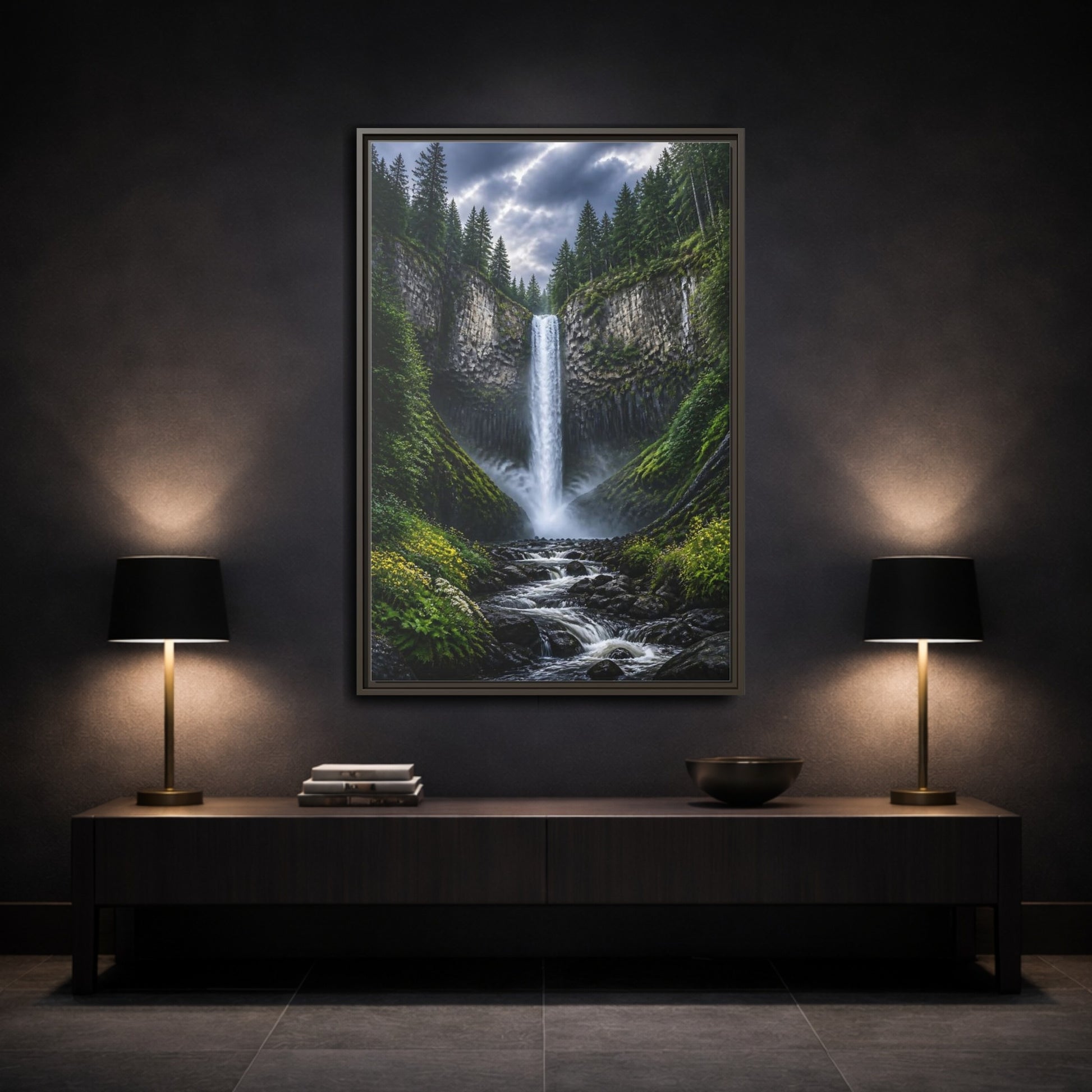 Mockup 3. Nature Waterfall Green And Gray Waterfall shown as stretched canvas wall art