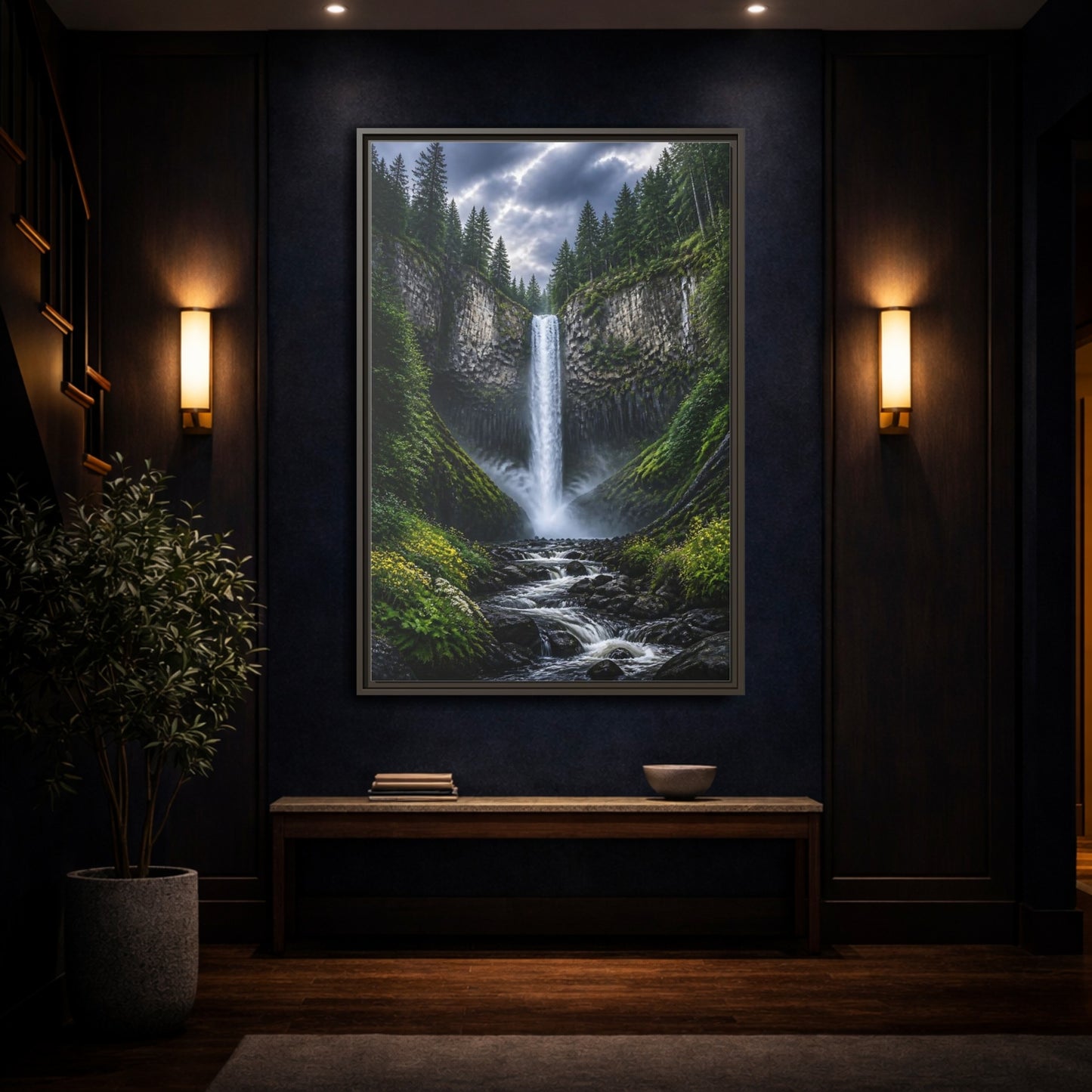 Mockup 4. Nature Waterfall Green And Gray Waterfall shown as stretched canvas wall art