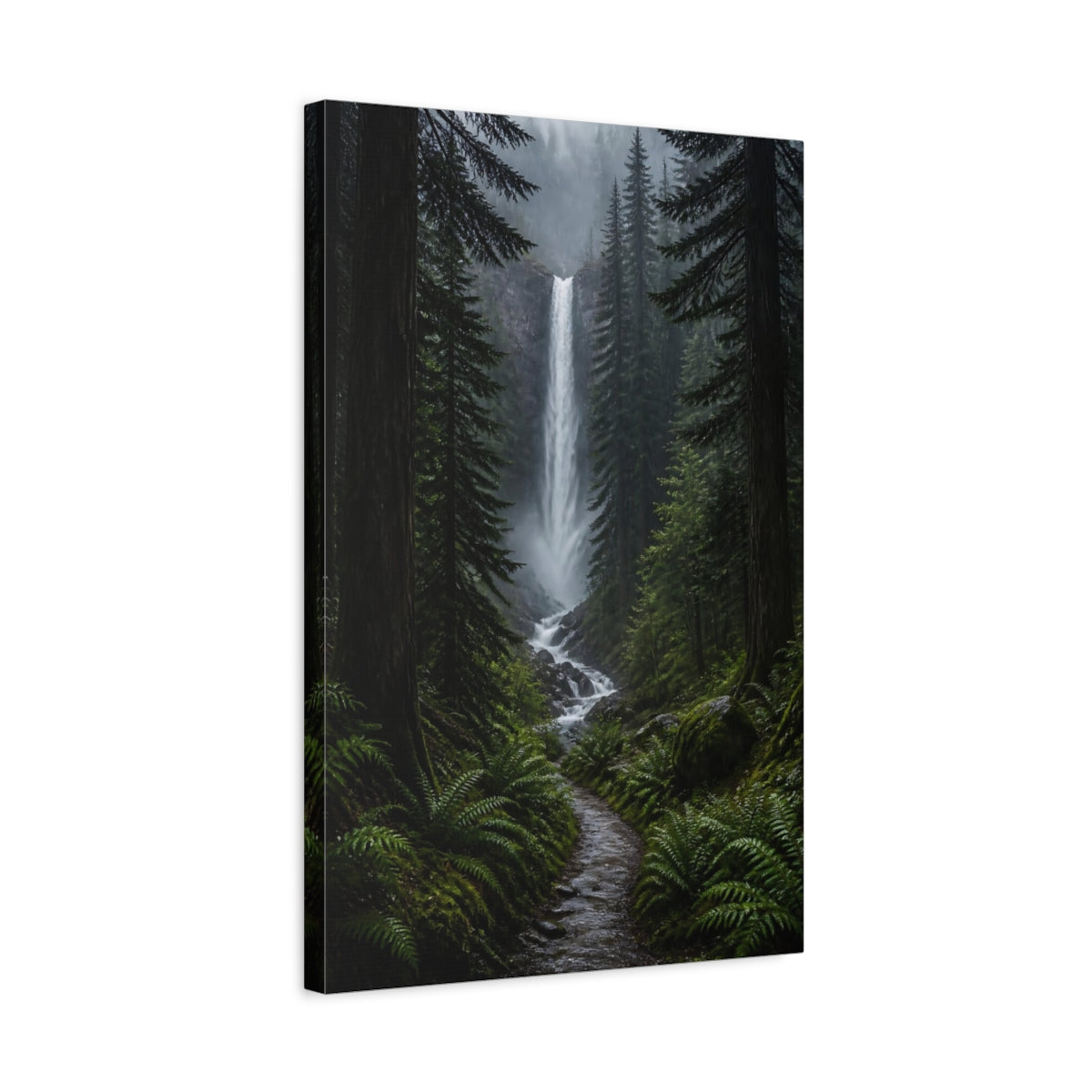 Side Mockup 3. Nature Waterfall Green Forest Waterfall shown as stretched canvas wall art