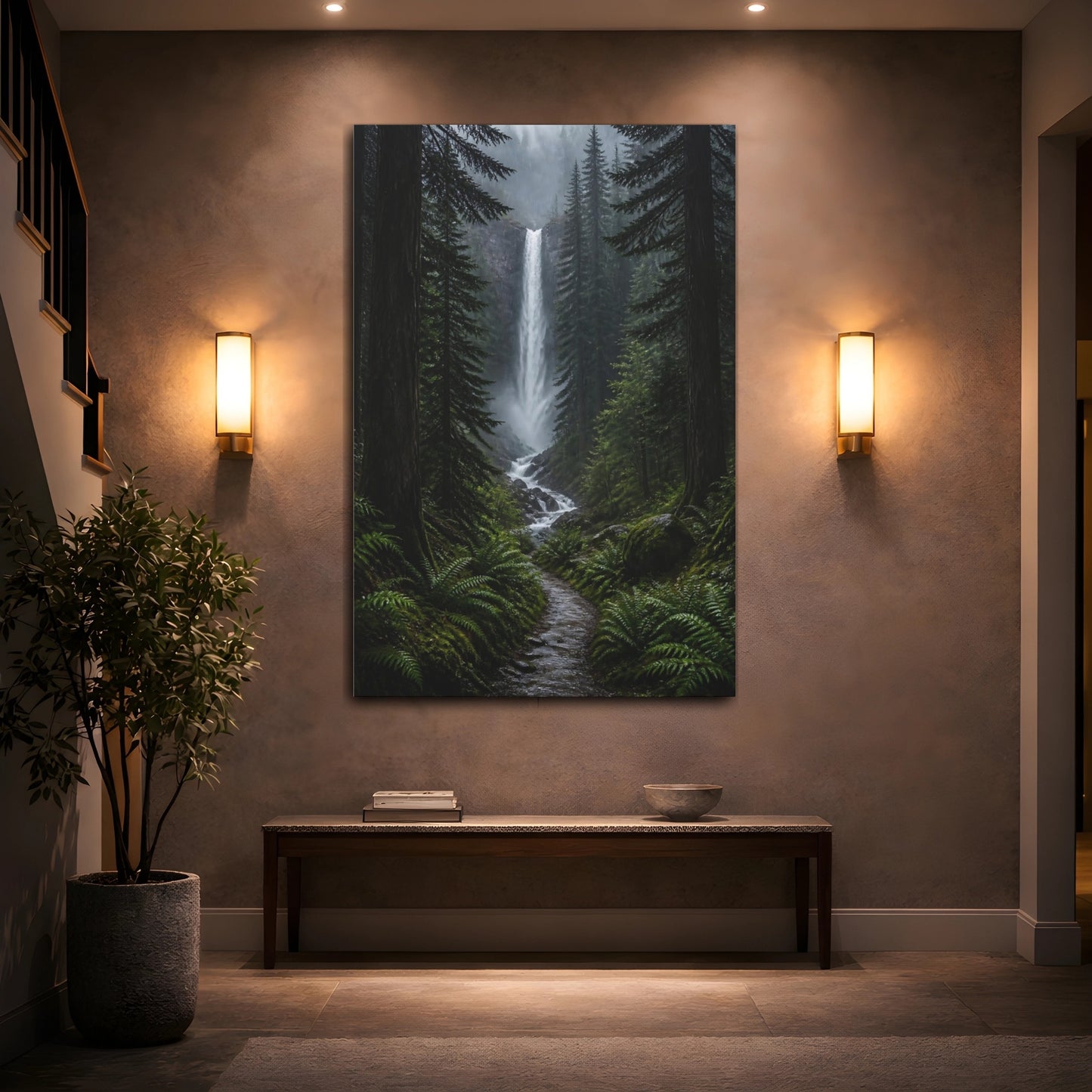 Mockup 2. Nature Waterfall Green Forest Waterfall shown as stretched canvas wall art