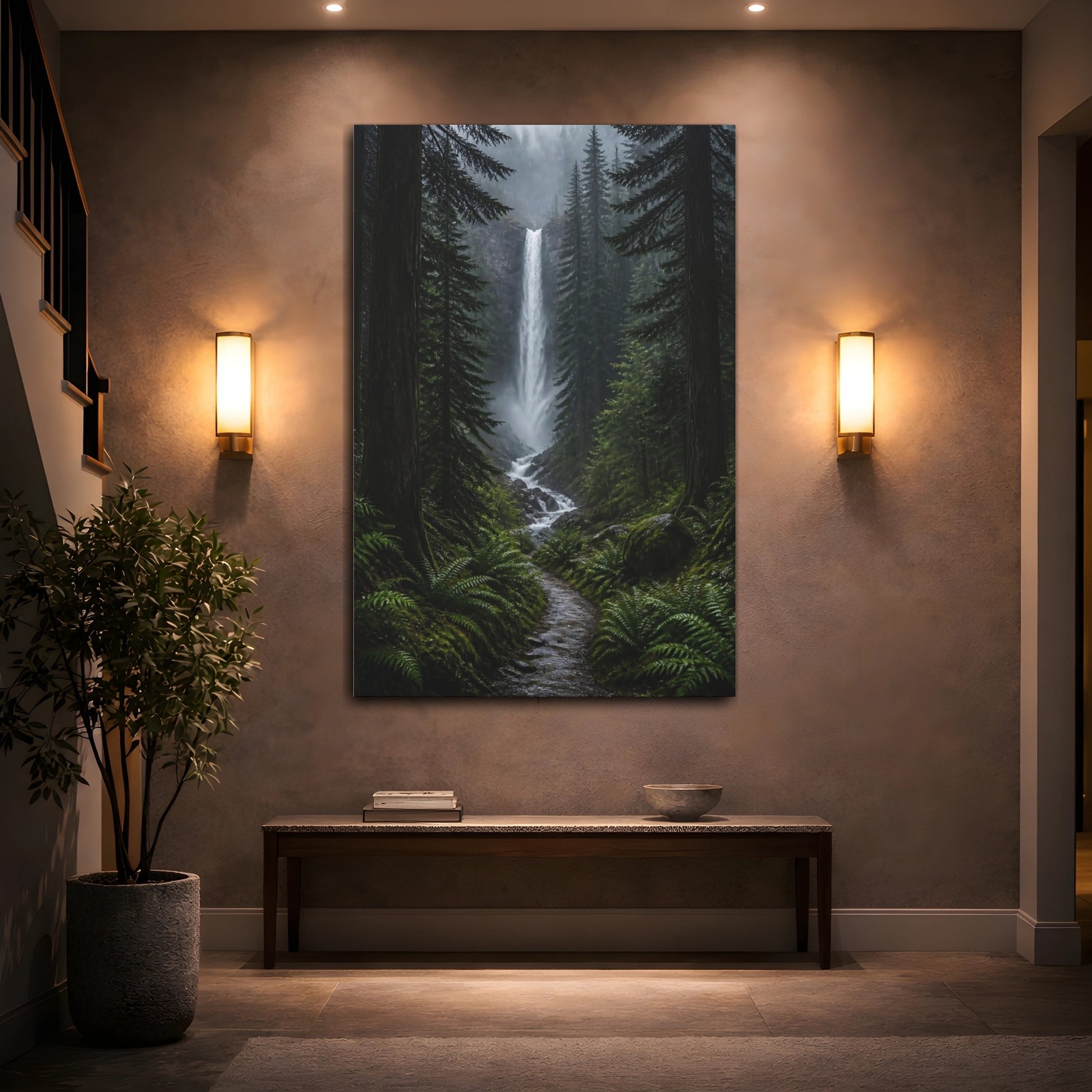 Mockup 2. Nature Waterfall Green Forest Waterfall shown as stretched canvas wall art