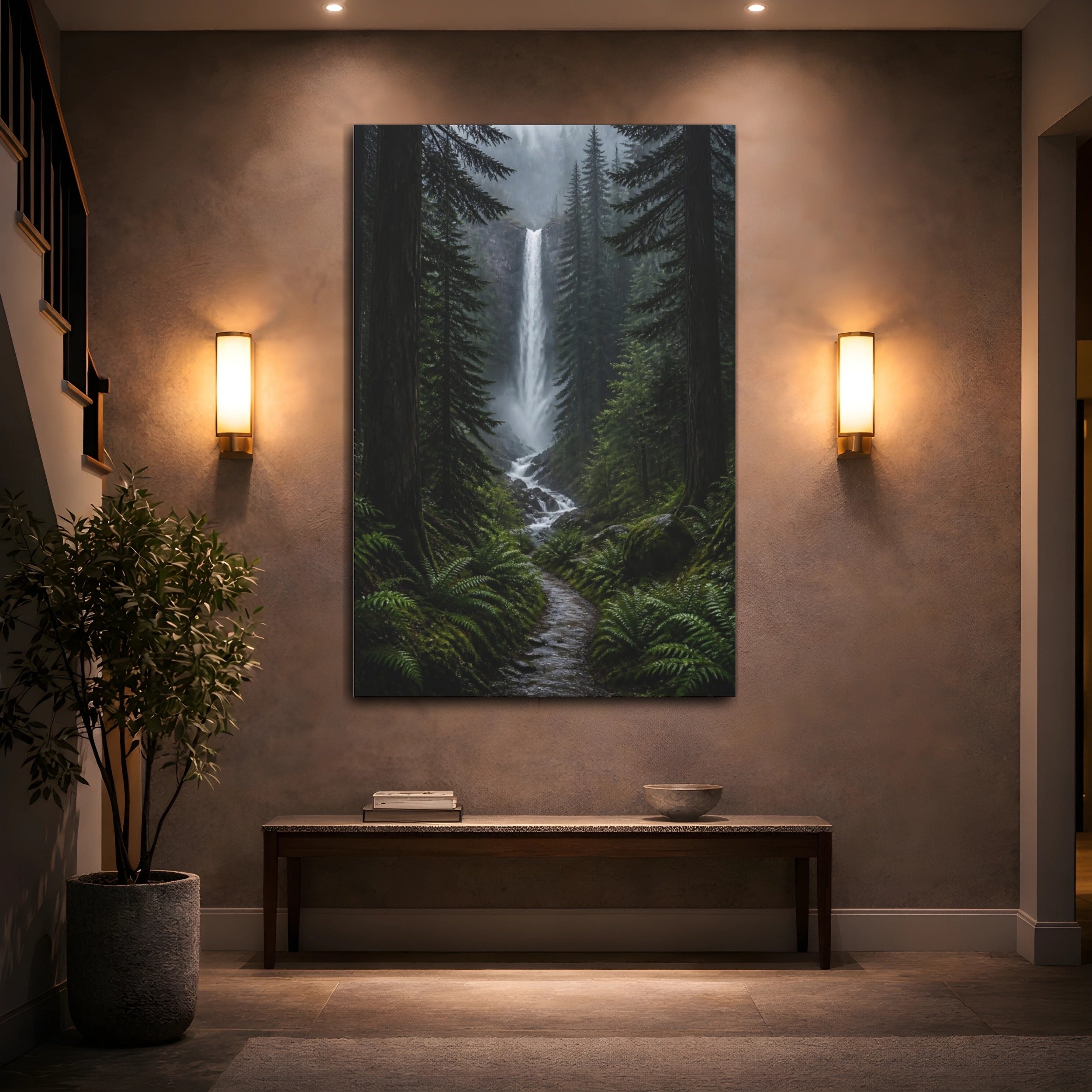 Mockup 2. Nature Waterfall Green Forest Waterfall shown as stretched canvas wall art