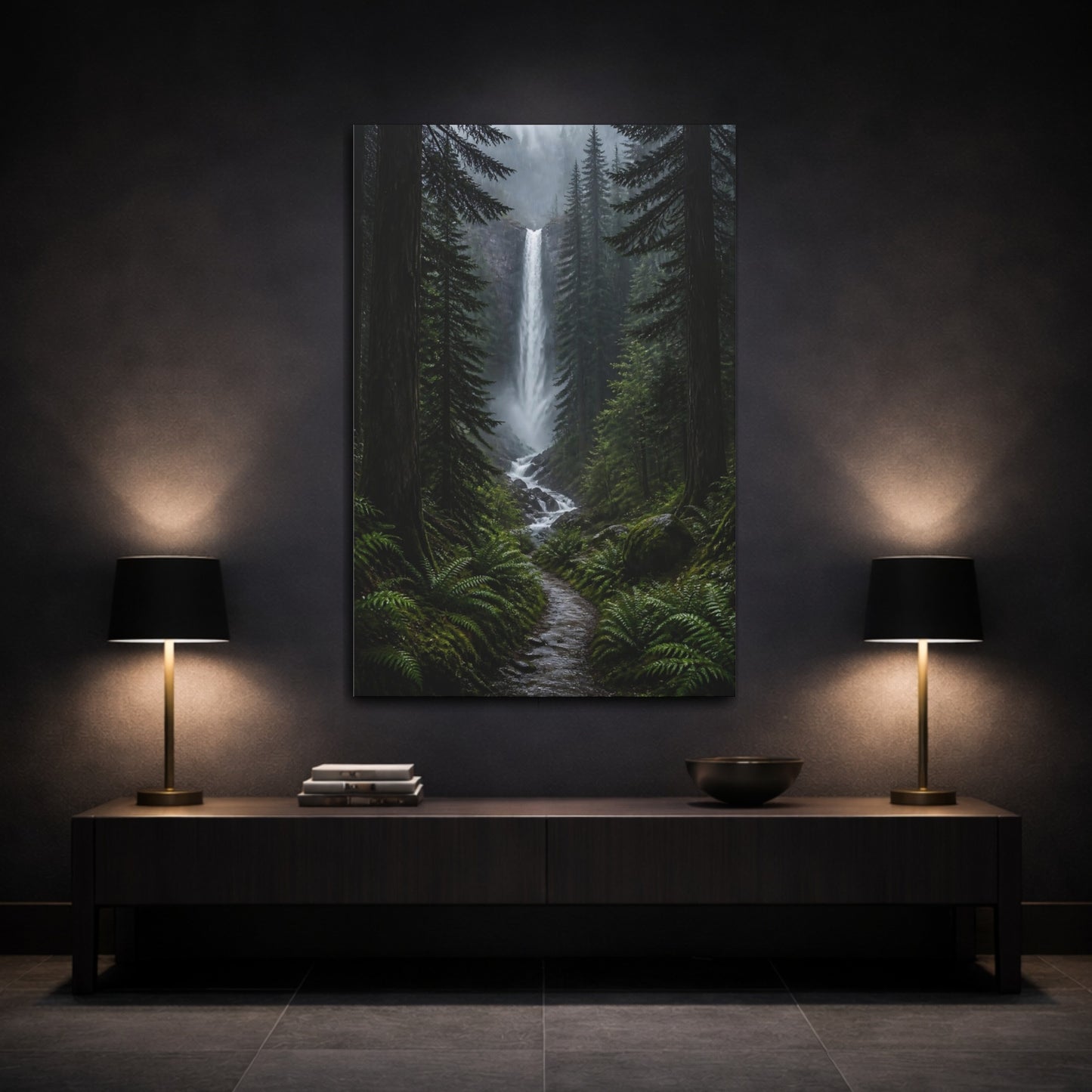 Mockup 3. Nature Waterfall Green Forest Waterfall shown as stretched canvas wall art