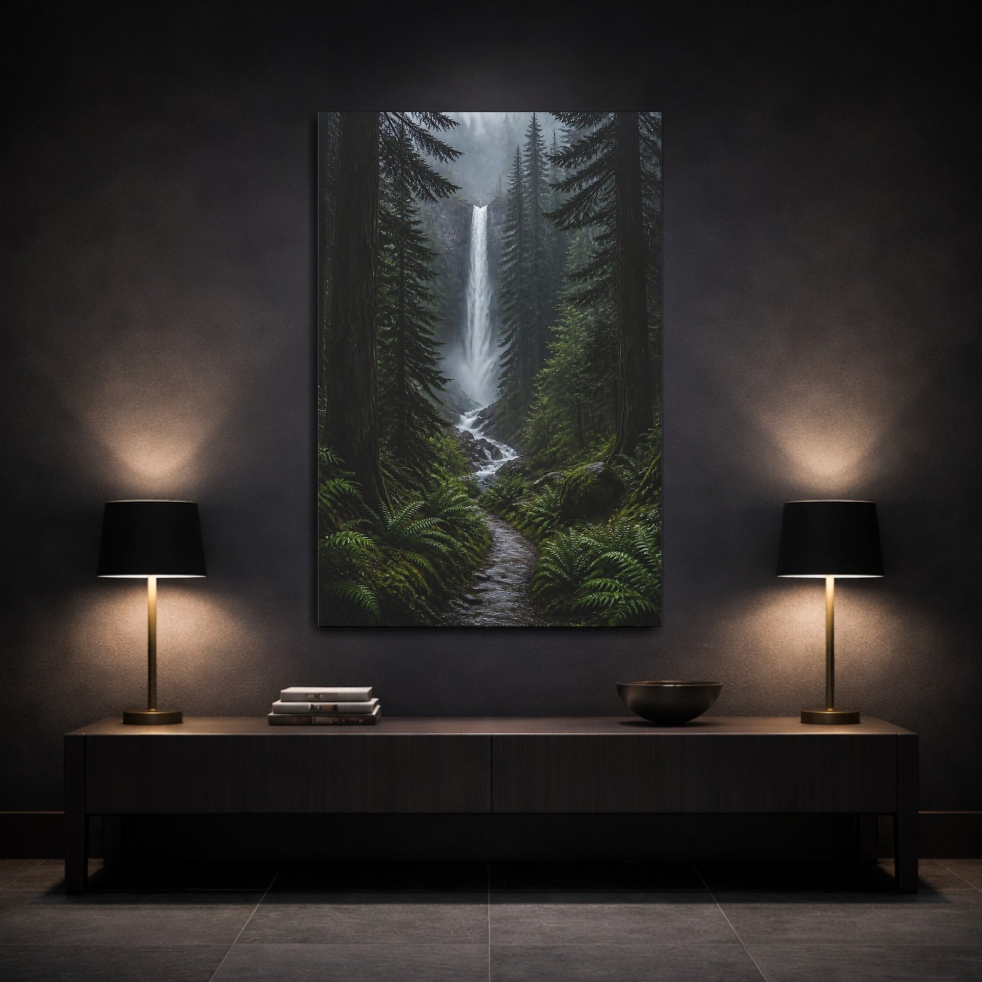 Mockup 3. Nature Waterfall Green Forest Waterfall shown as stretched canvas wall art
