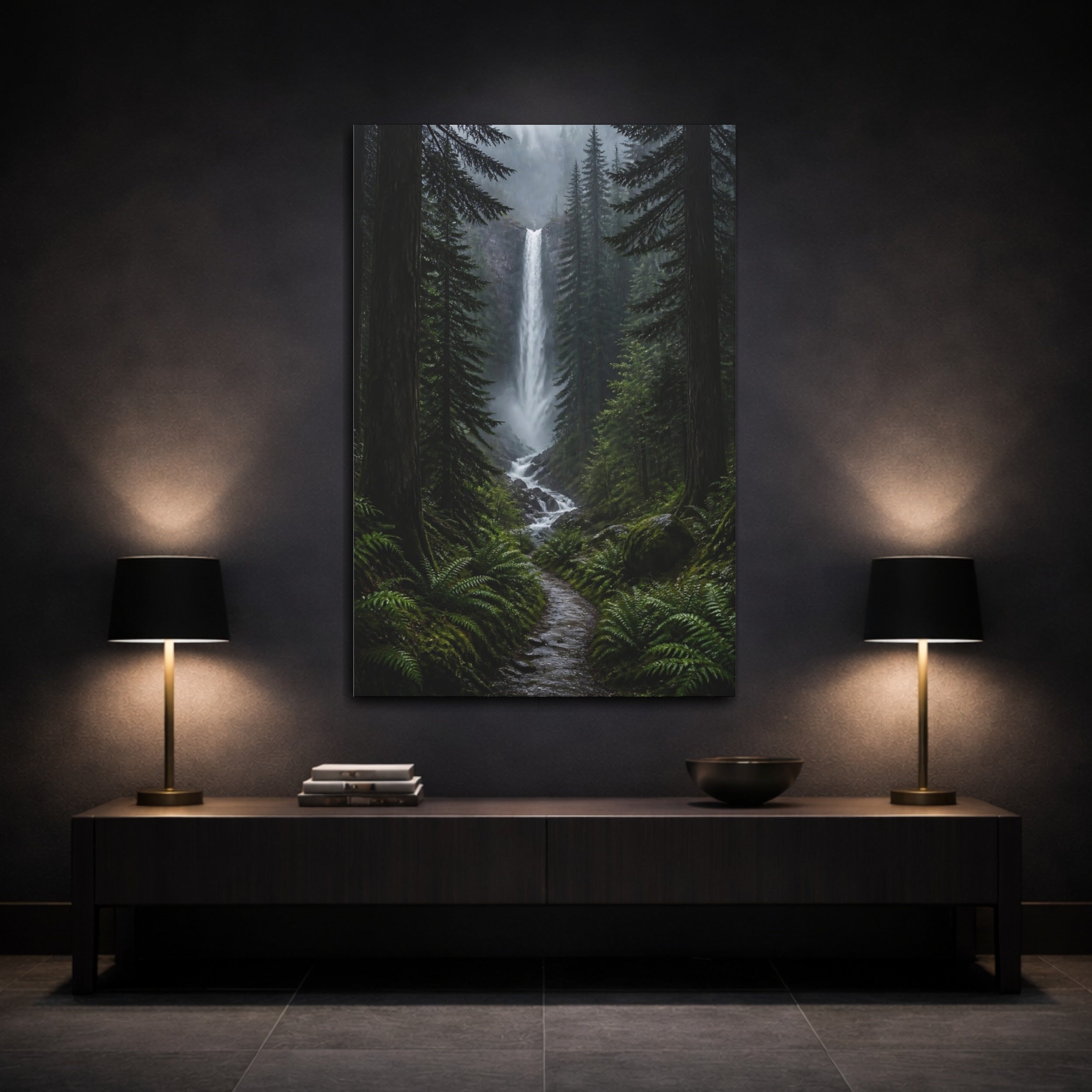 Mockup 3. Nature Waterfall Green Forest Waterfall shown as stretched canvas wall art