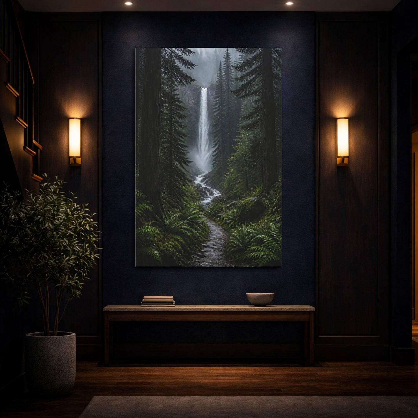 Mockup 4. Nature Waterfall Green Forest Waterfall shown as stretched canvas wall art