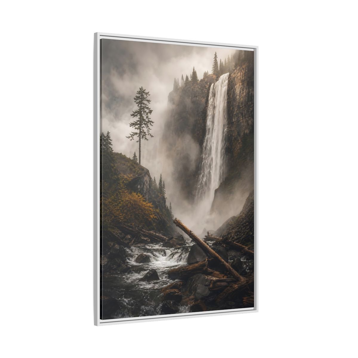 Side Mockup 7. Nature Waterfall Misty Forest Waterfall shown as stretched canvas wall art