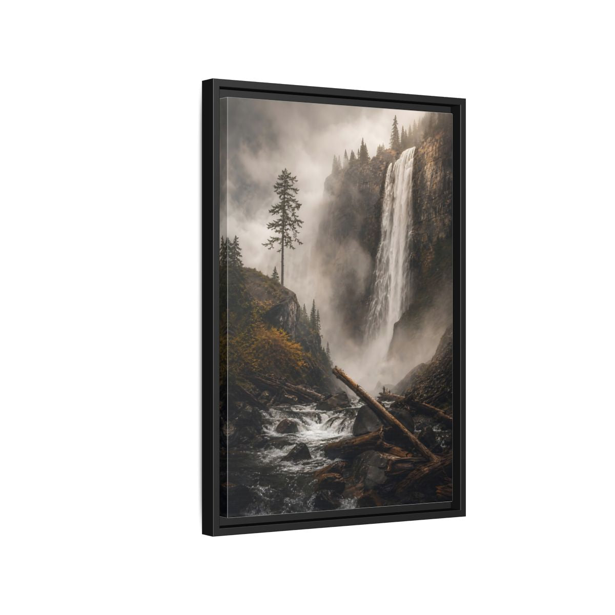 Side Mockup 3. Nature Waterfall Misty Forest Waterfall shown as stretched canvas wall art