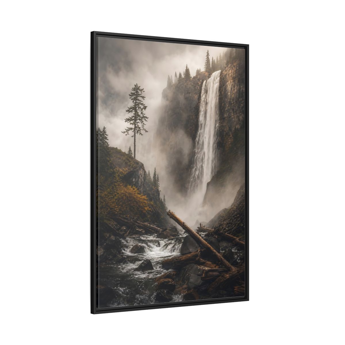 Side Mockup 12. Nature Waterfall Misty Forest Waterfall shown as stretched canvas wall art
