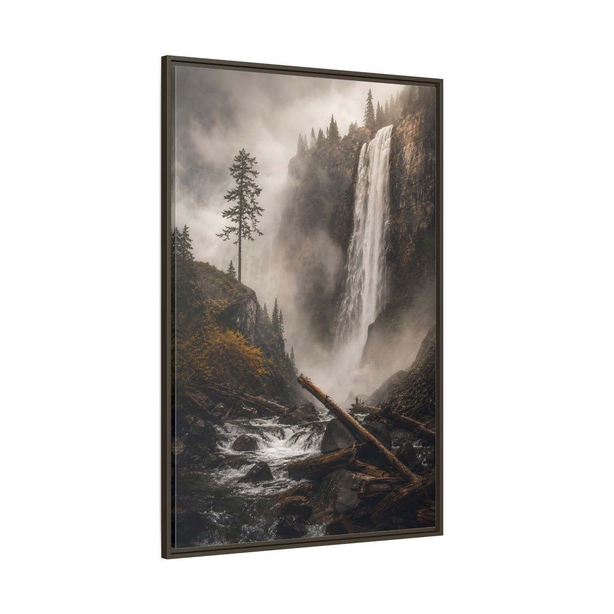 Side Mockup 8. Nature Waterfall Misty Forest Waterfall shown as stretched canvas wall art