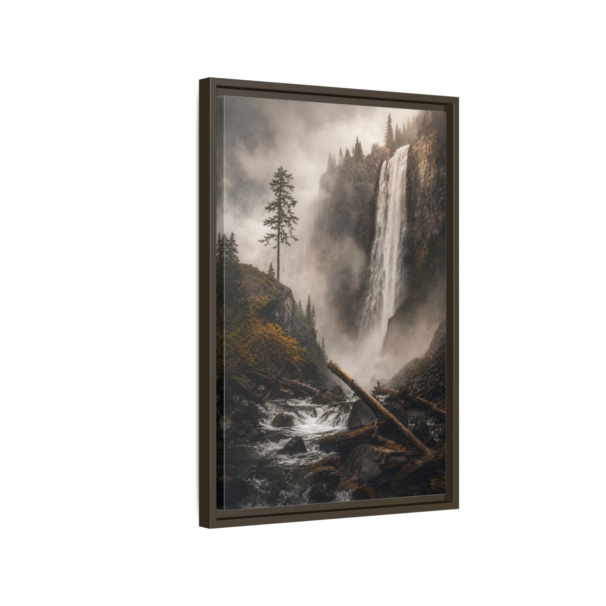 Side Mockup 2. Nature Waterfall Misty Forest Waterfall shown as stretched canvas wall art