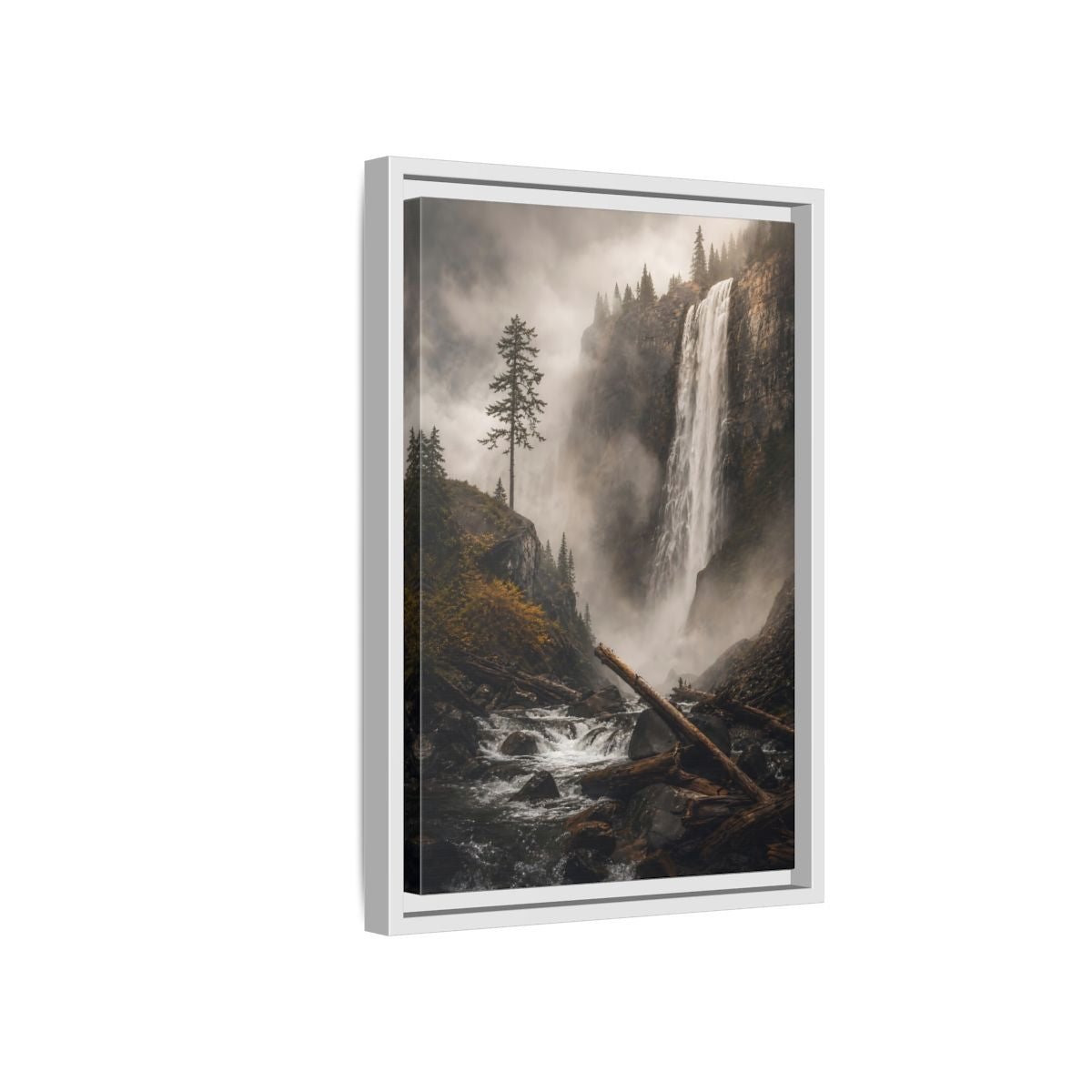 Side Mockup 4. Nature Waterfall Misty Forest Waterfall shown as stretched canvas wall art