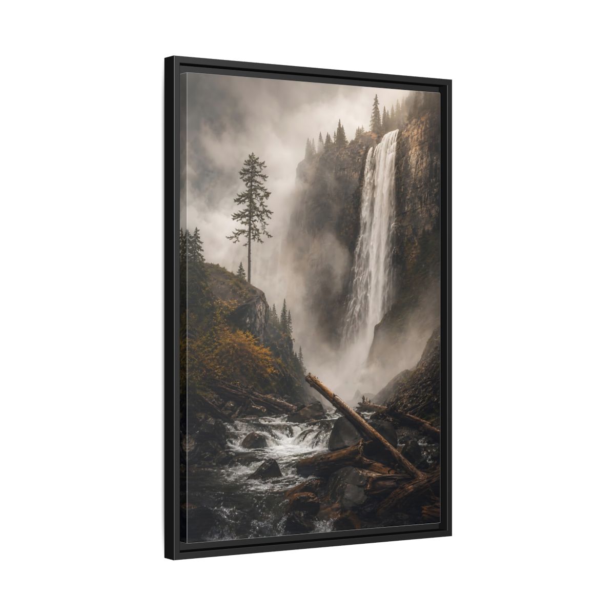 Side Mockup 14. Nature Waterfall Misty Forest Waterfall shown as stretched canvas wall art