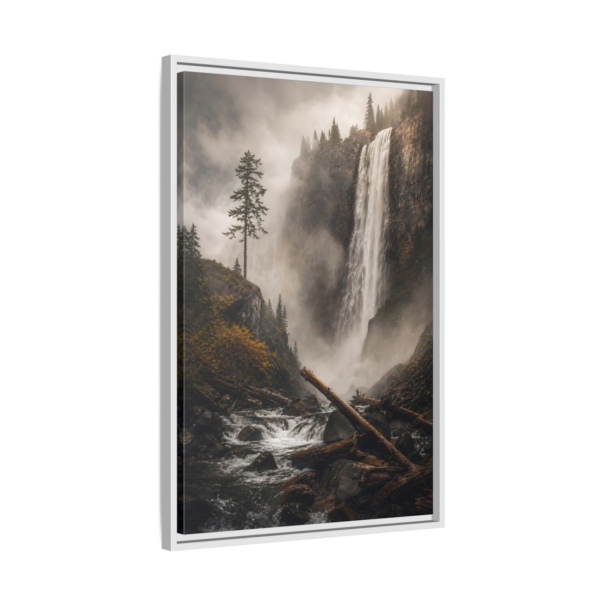 Side Mockup 10. Nature Waterfall Misty Forest Waterfall shown as stretched canvas wall art