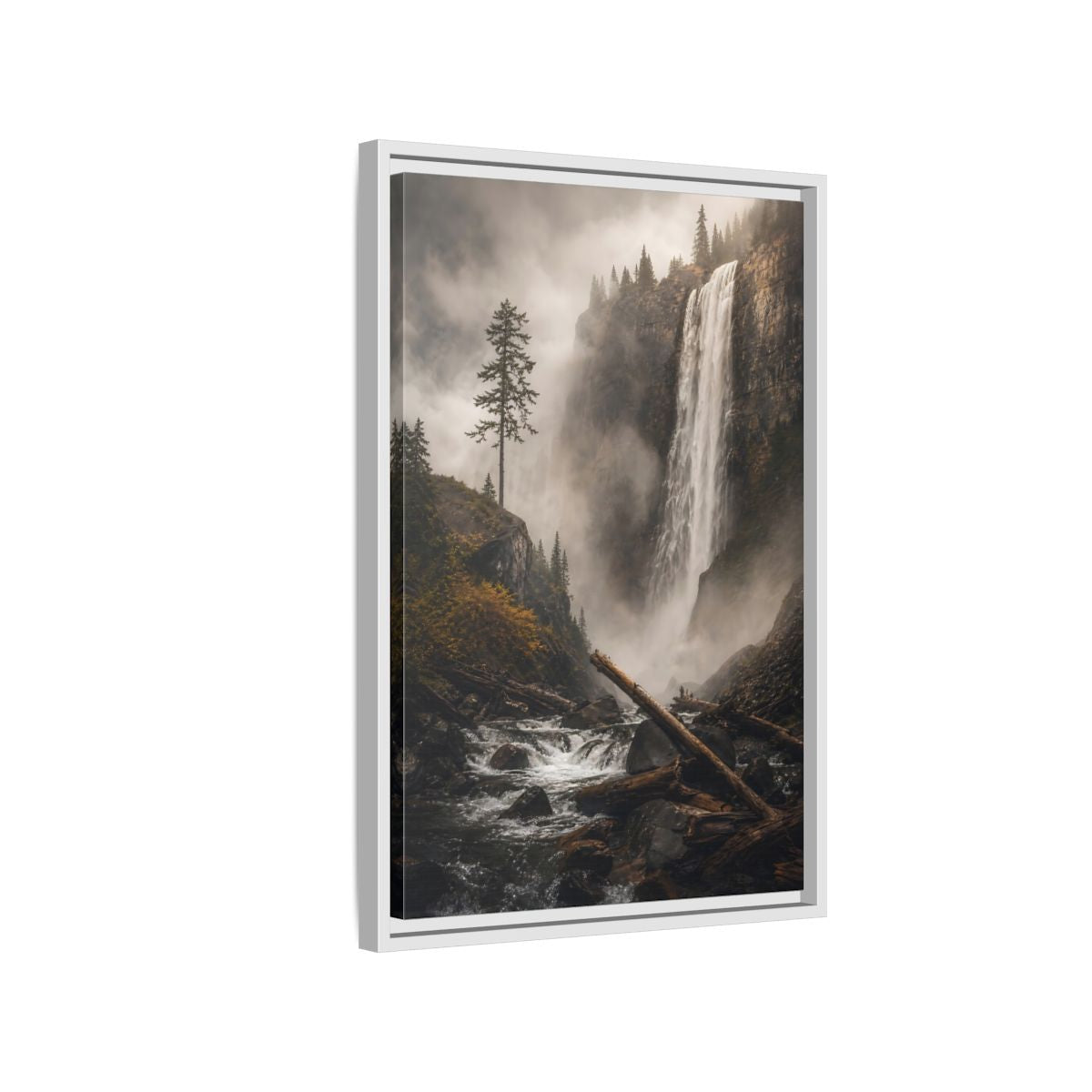 Side Mockup 1. Nature Waterfall Misty Forest Waterfall shown as stretched canvas wall art