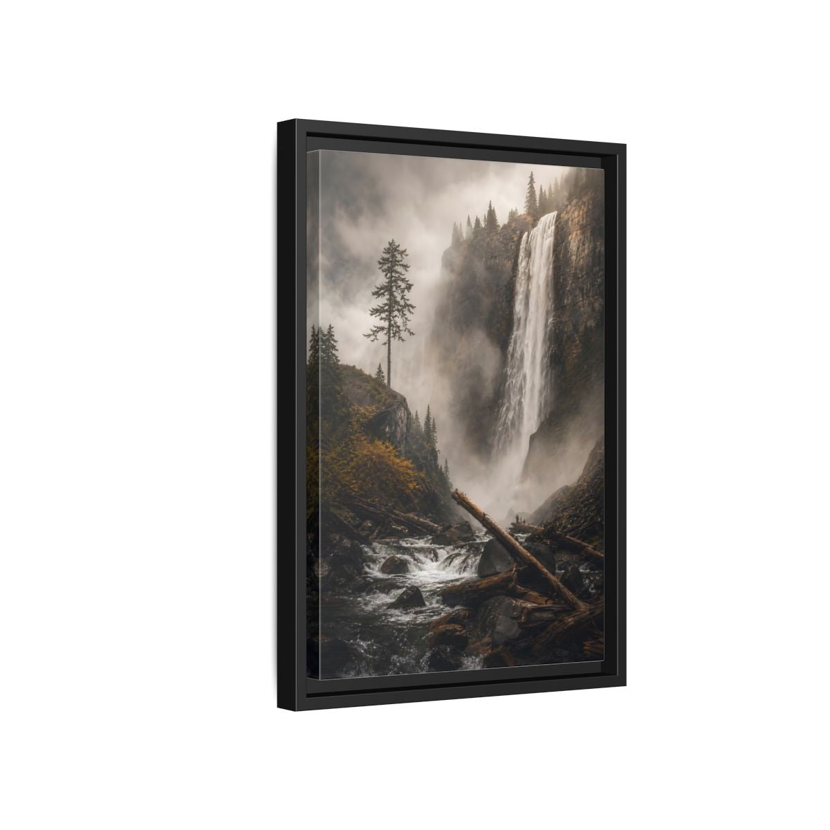 Side Mockup 6. Nature Waterfall Misty Forest Waterfall shown as stretched canvas wall art