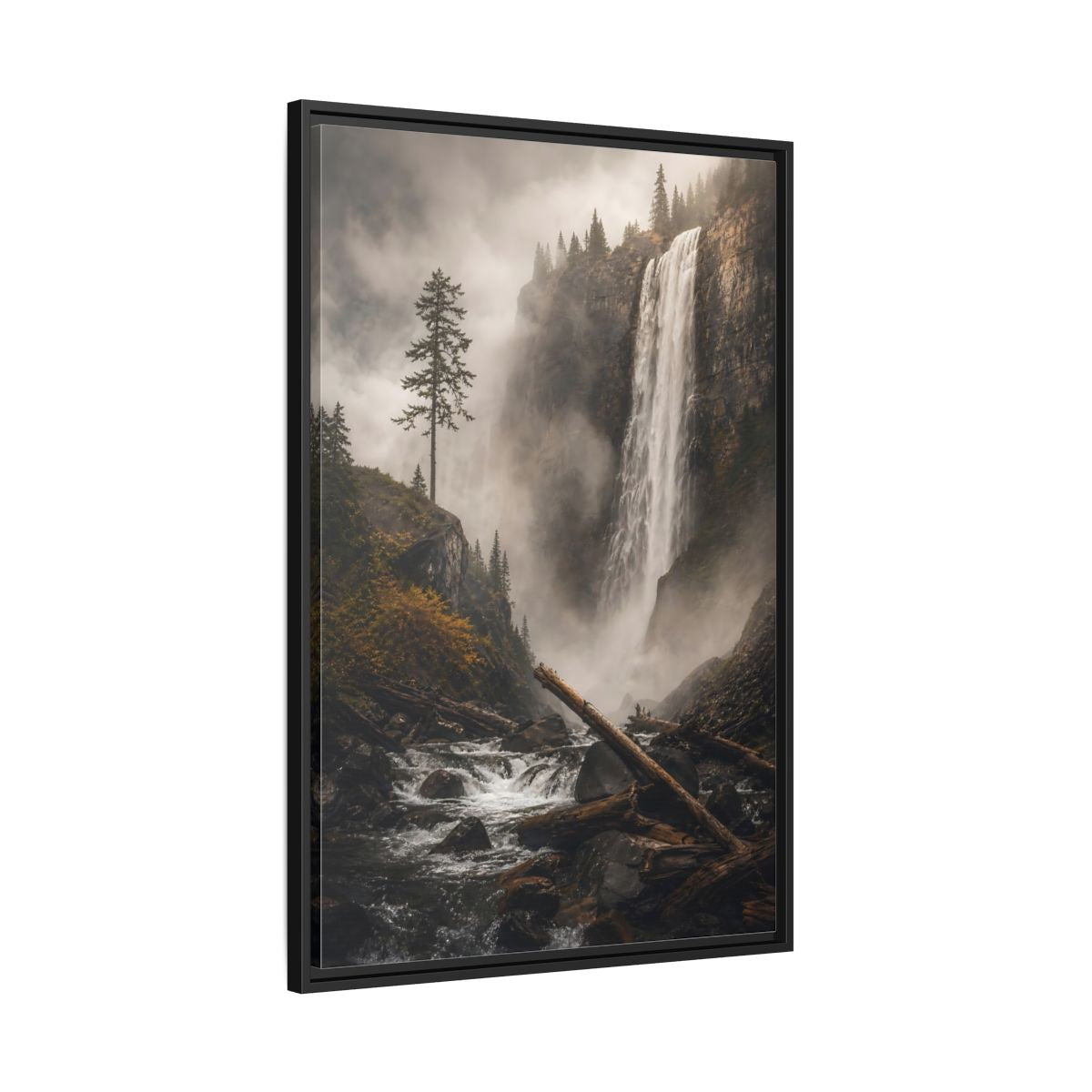 Side Mockup 13. Nature Waterfall Misty Forest Waterfall shown as stretched canvas wall art
