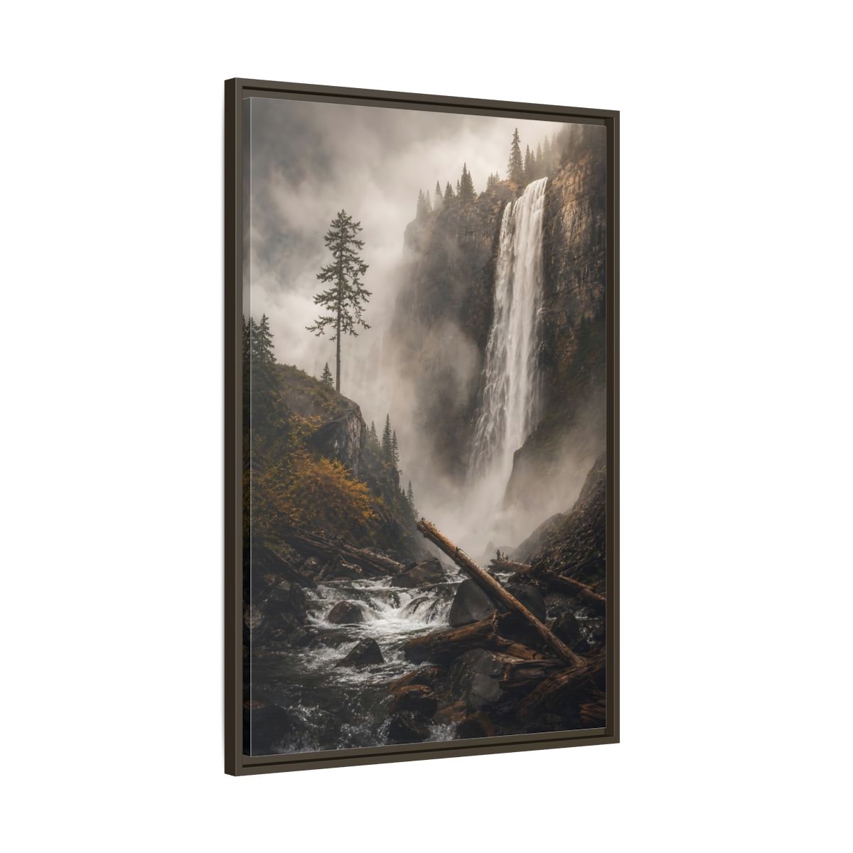 Main Mockup. Nature Waterfall Misty Forest Waterfall shown as stretched canvas wall art