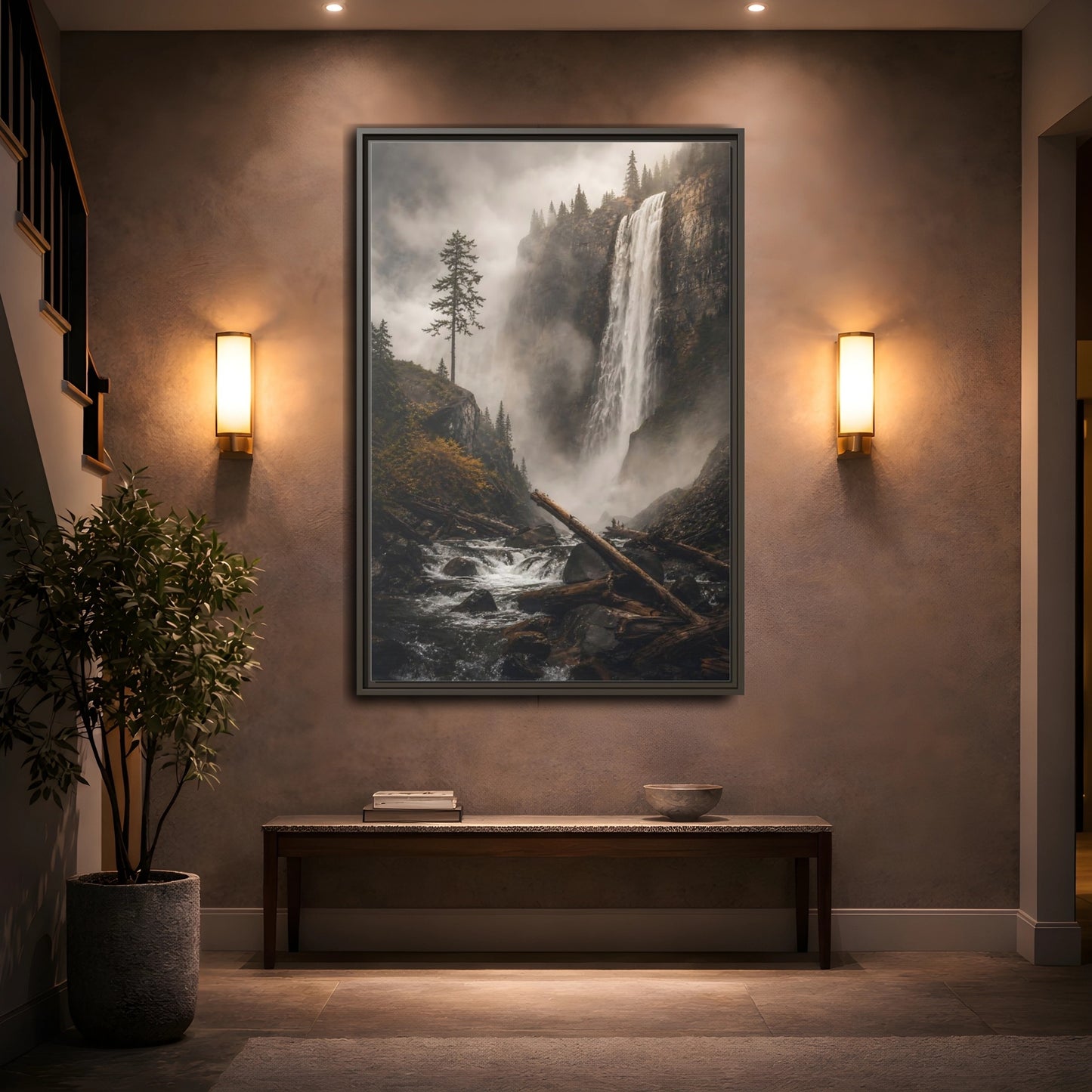 Mockup 2. Nature Waterfall Misty Forest Waterfall shown as stretched canvas wall art