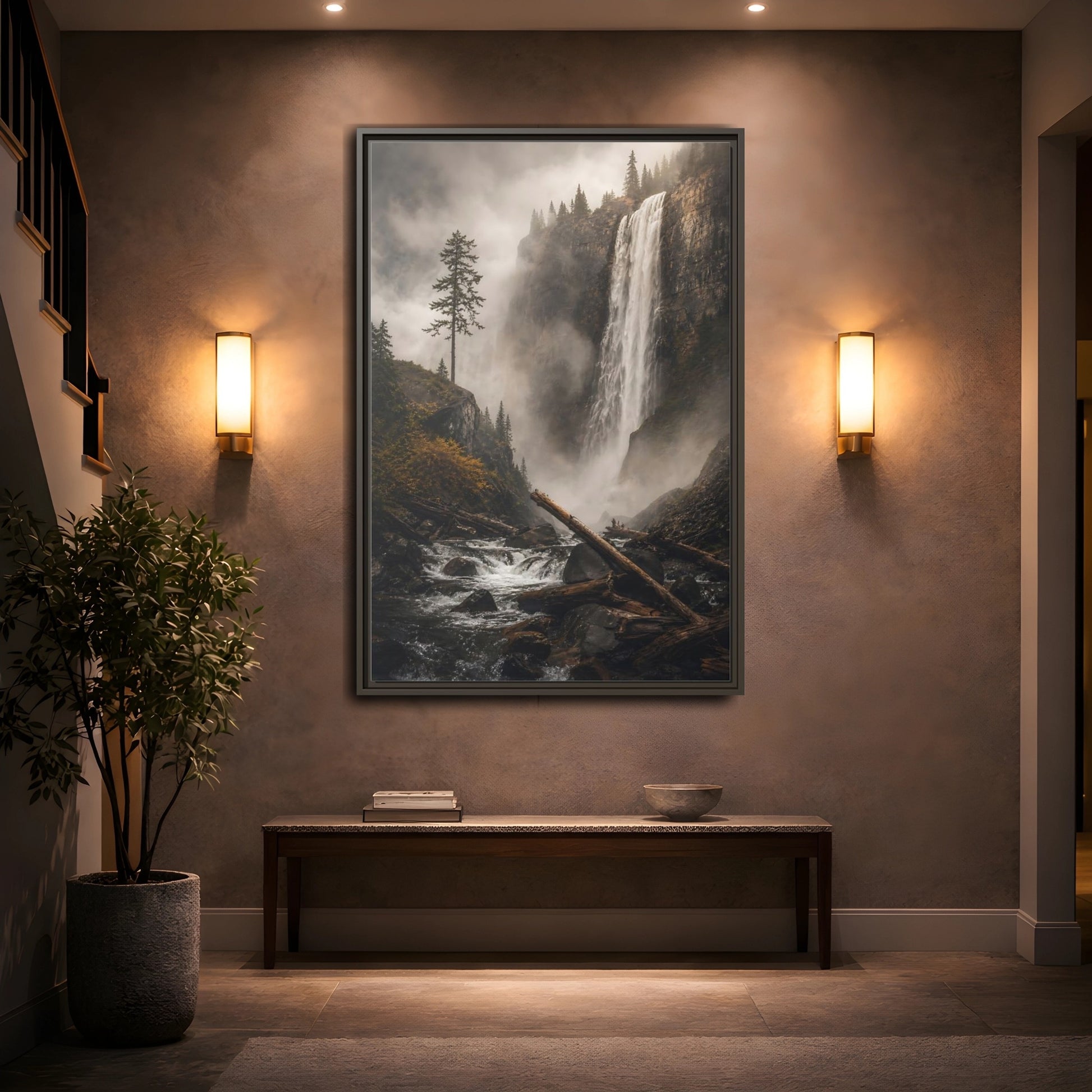 Mockup 2. Nature Waterfall Misty Forest Waterfall shown as stretched canvas wall art