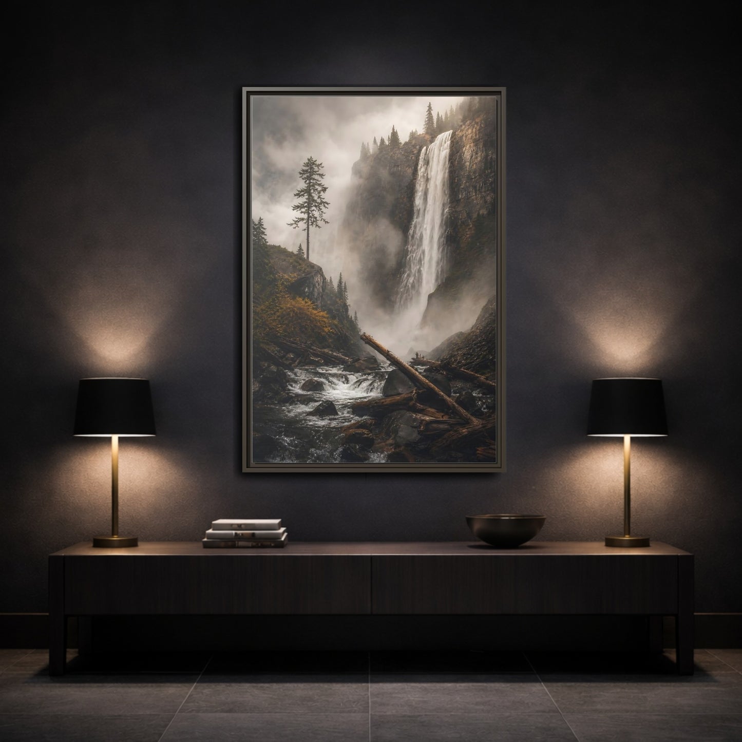 Mockup 3. Nature Waterfall Misty Forest Waterfall shown as stretched canvas wall art