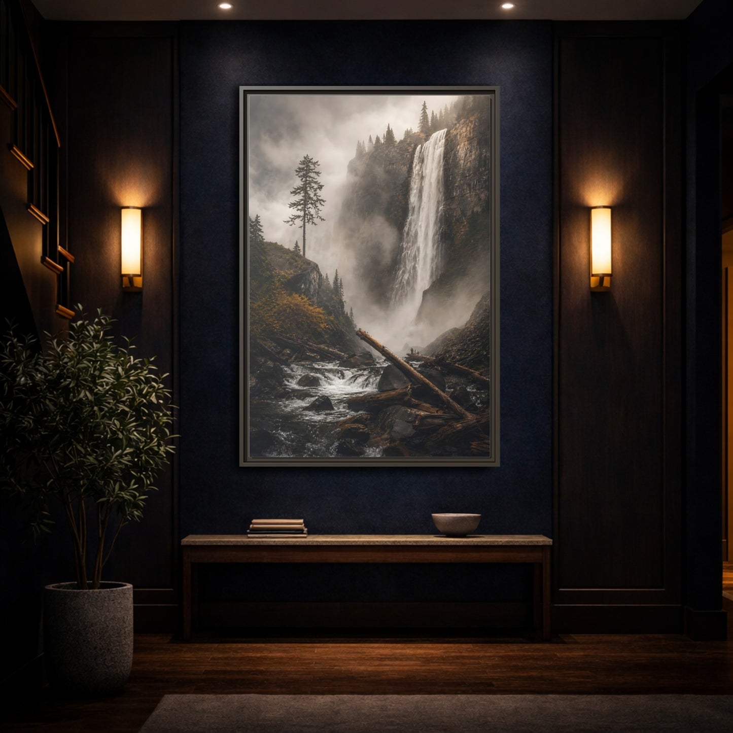 Mockup 4. Nature Waterfall Misty Forest Waterfall shown as stretched canvas wall art