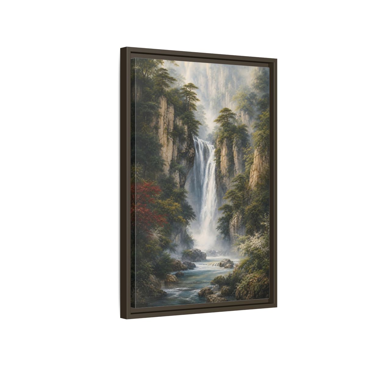 Side Mockup 2. Nature Waterfall Misty Mountain Waterfall shown as stretched canvas wall art