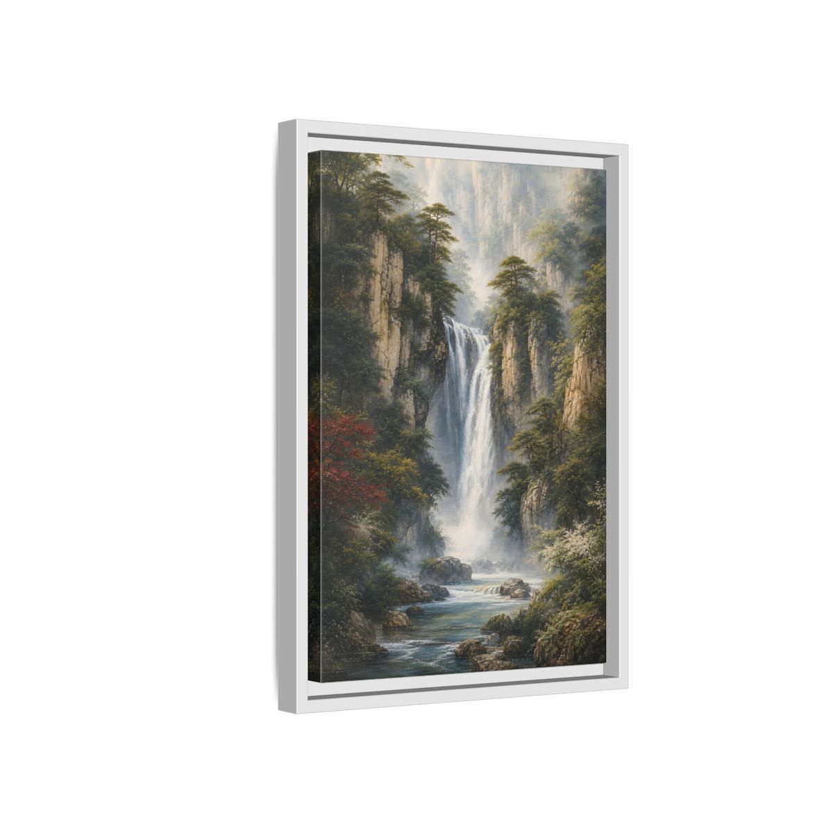 Side Mockup 4. Nature Waterfall Misty Mountain Waterfall shown as stretched canvas wall art