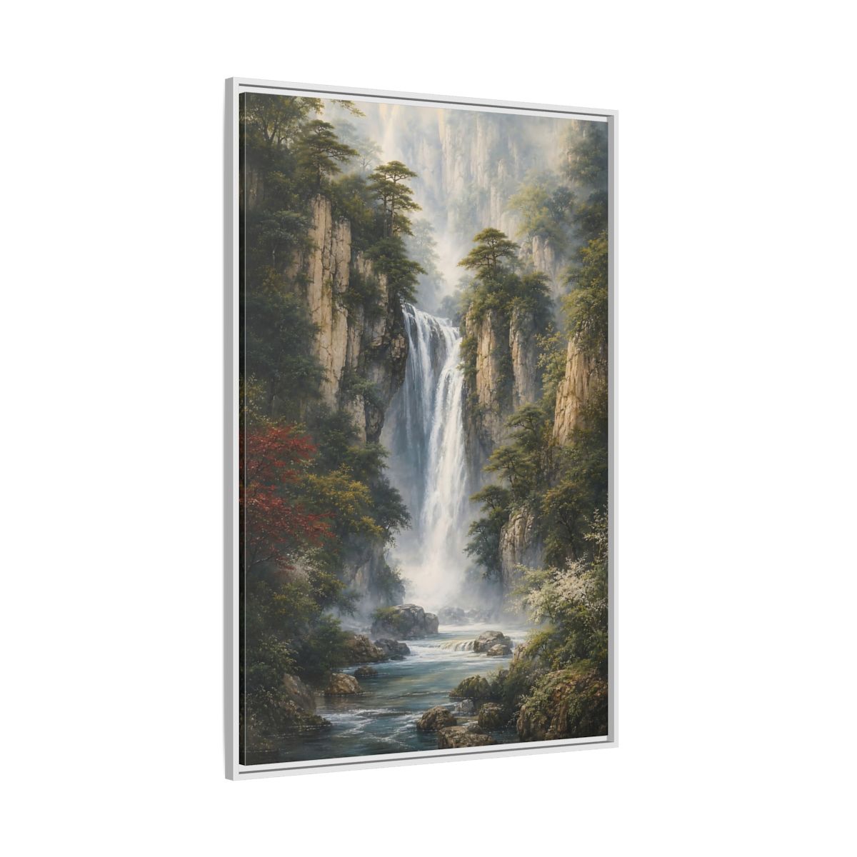 Side Mockup 7. Nature Waterfall Misty Mountain Waterfall shown as stretched canvas wall art