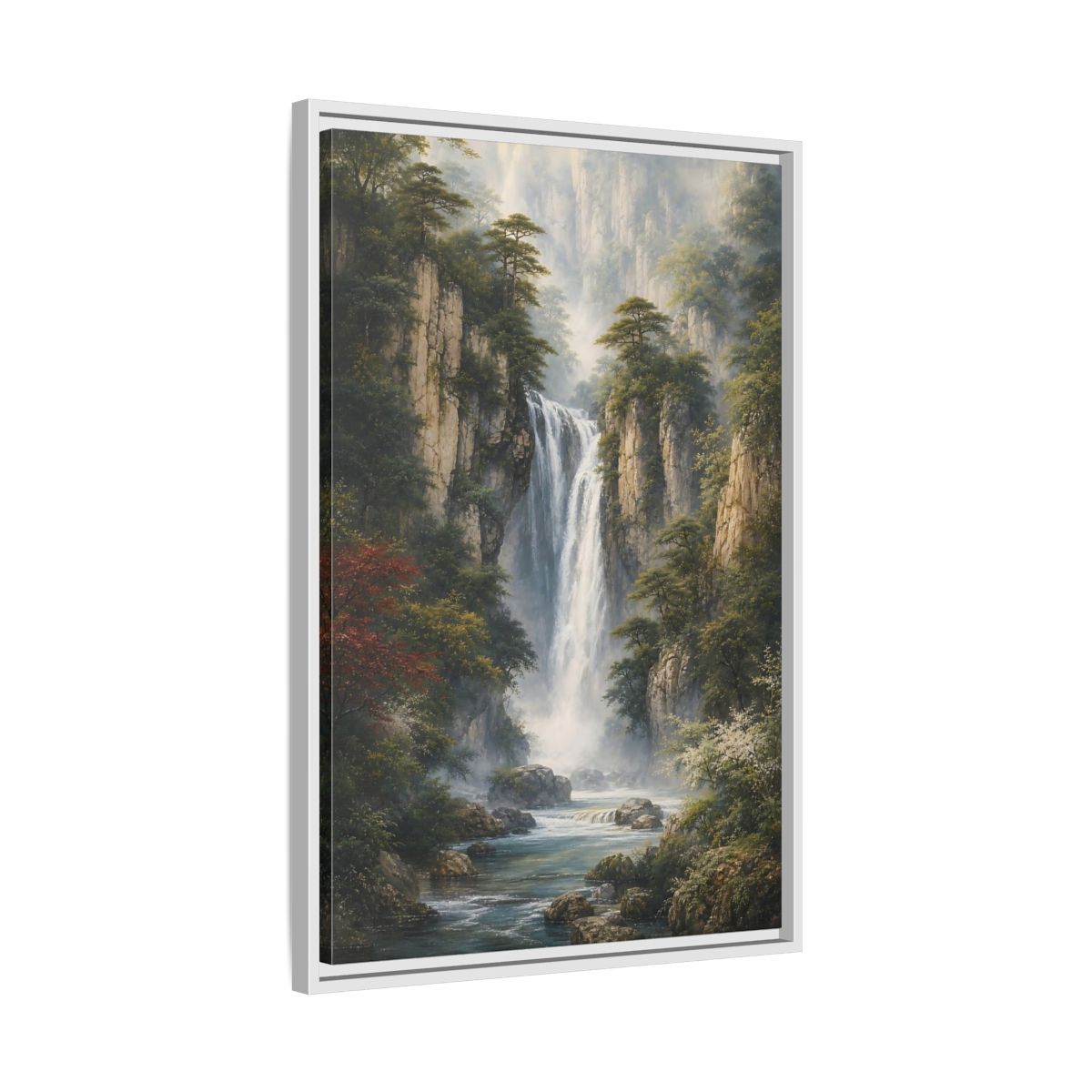 Side Mockup 10. Nature Waterfall Misty Mountain Waterfall shown as stretched canvas wall art