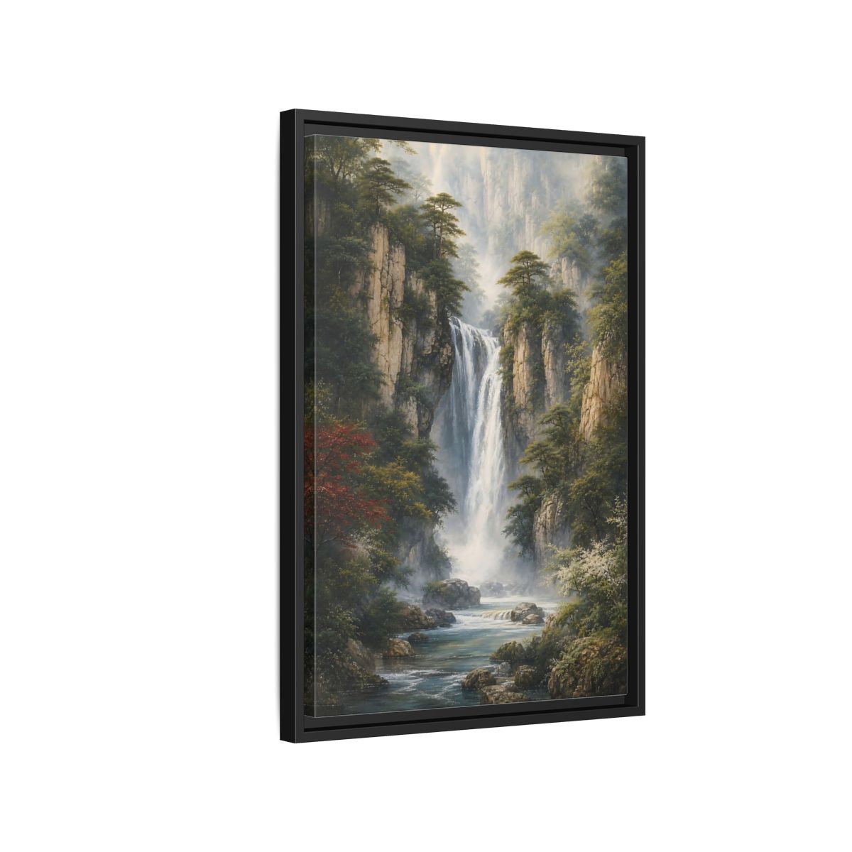 Side Mockup 3. Nature Waterfall Misty Mountain Waterfall shown as stretched canvas wall art