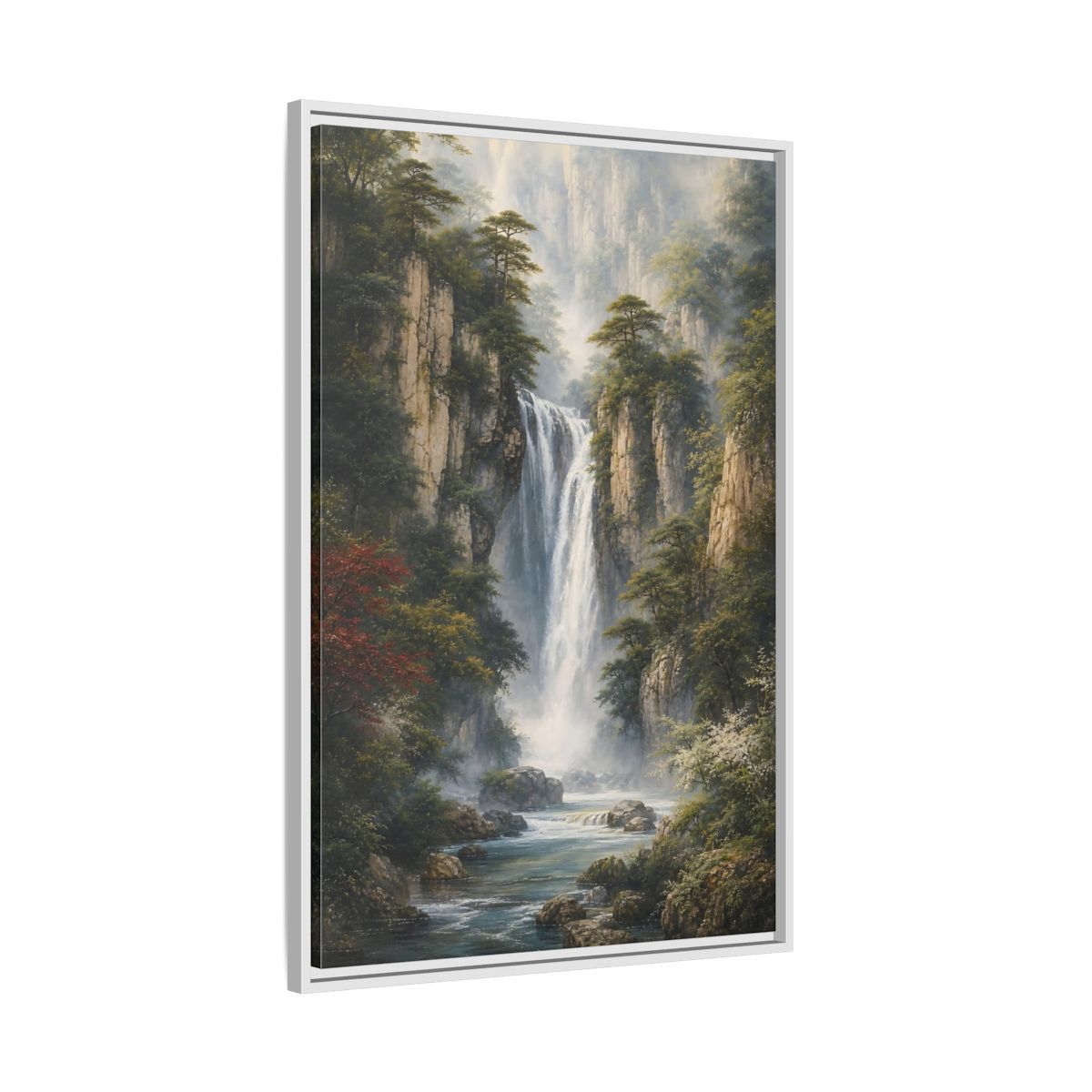 Side Mockup 9. Nature Waterfall Misty Mountain Waterfall shown as stretched canvas wall art