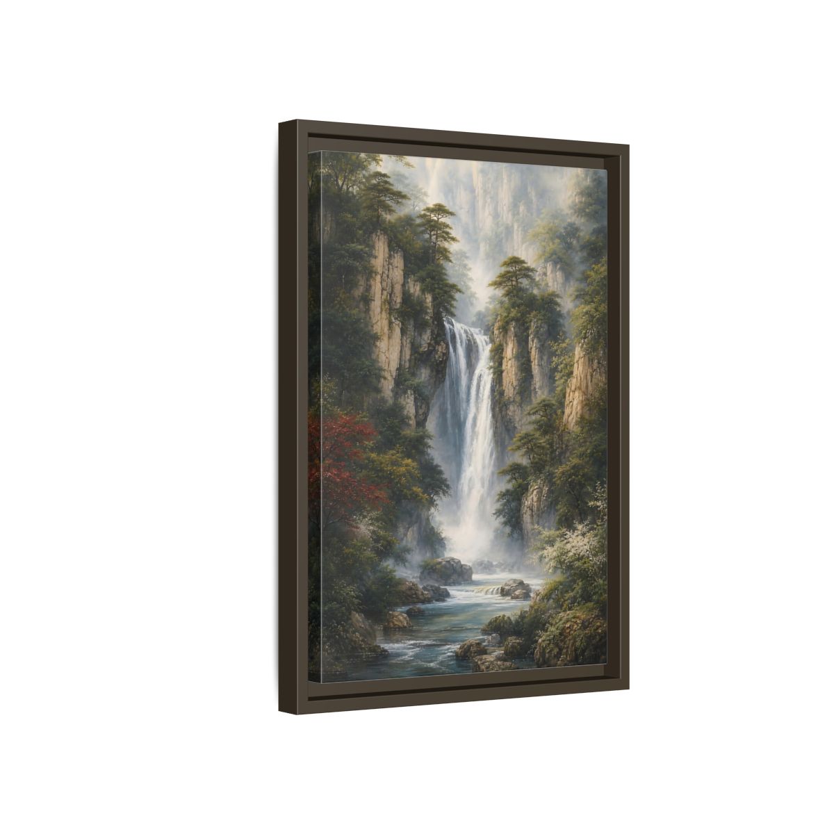 Side Mockup 5. Nature Waterfall Misty Mountain Waterfall shown as stretched canvas wall art