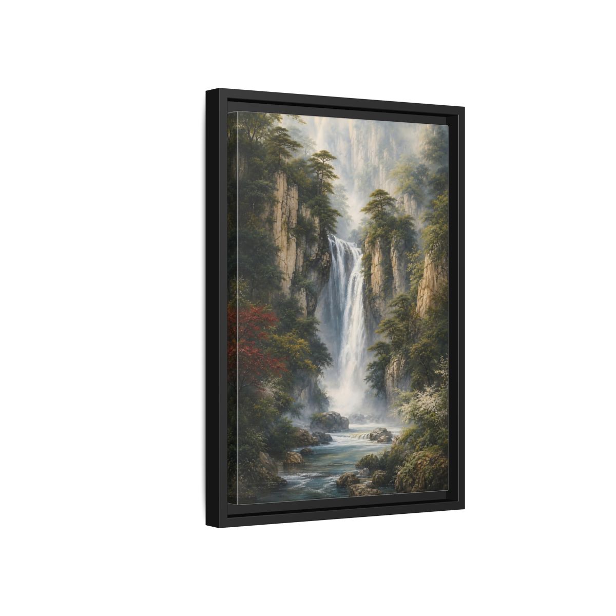 Side Mockup 6. Nature Waterfall Misty Mountain Waterfall shown as stretched canvas wall art