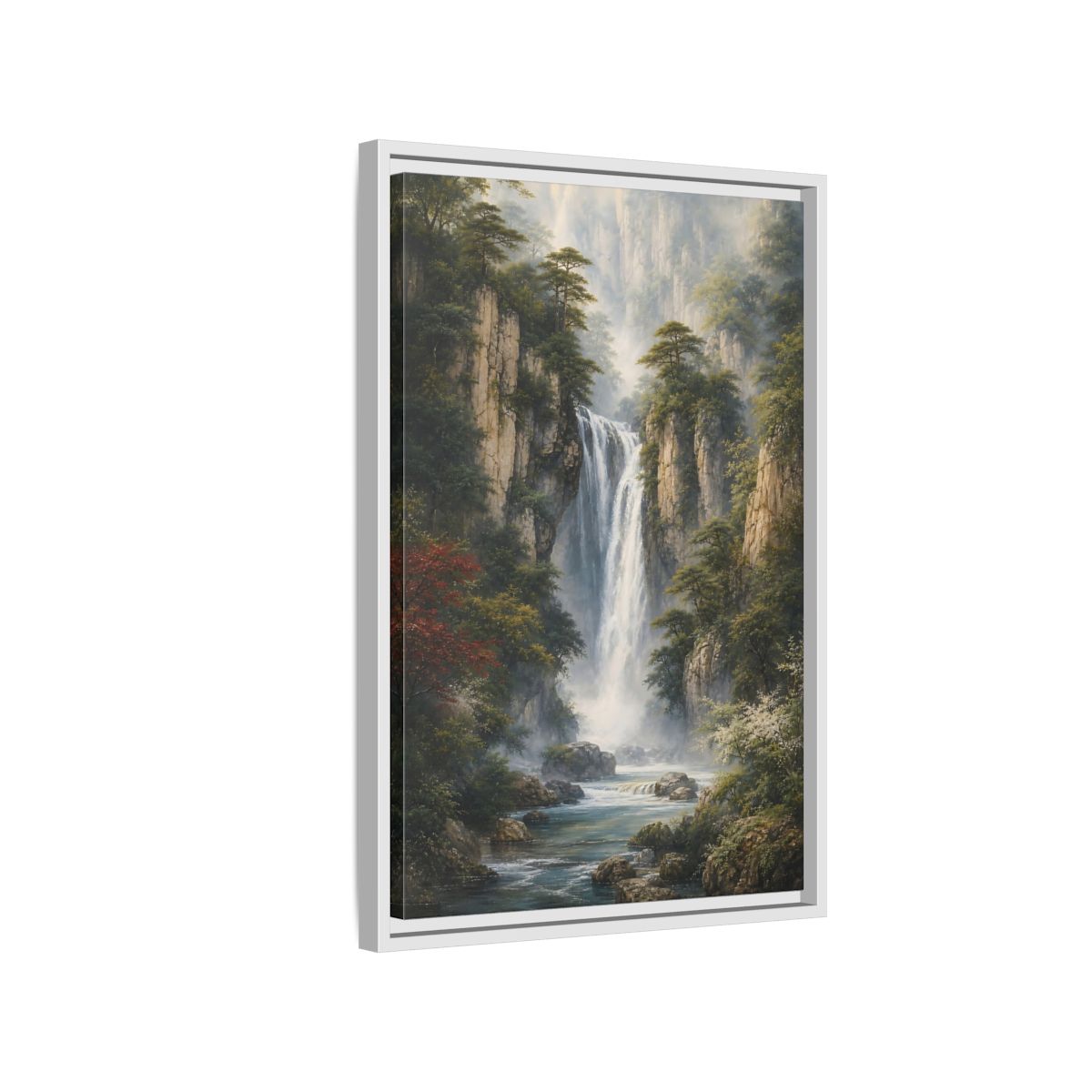 Side Mockup 1. Nature Waterfall Misty Mountain Waterfall shown as stretched canvas wall art