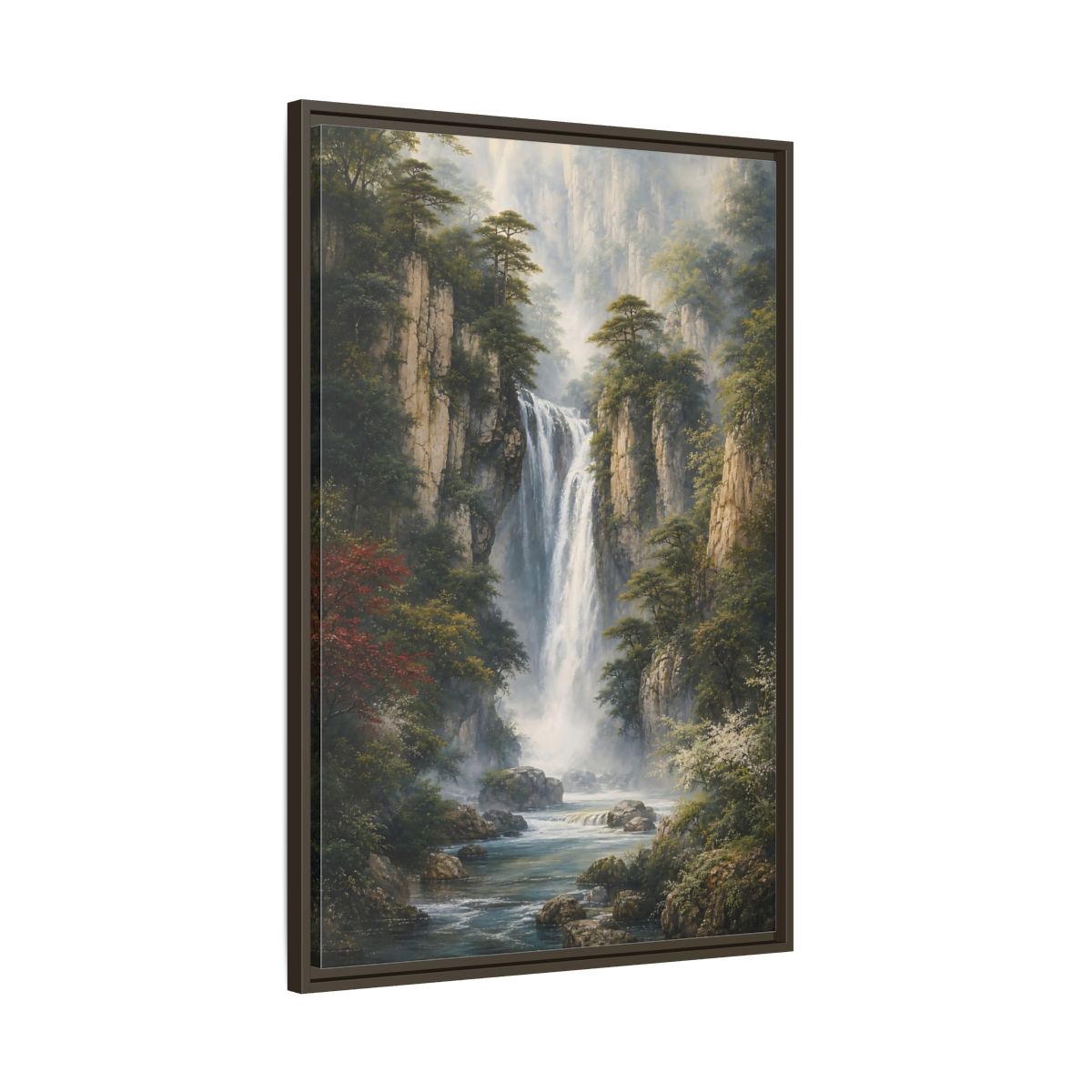 Main Mockup. Nature Waterfall Misty Mountain Waterfall shown as stretched canvas wall art