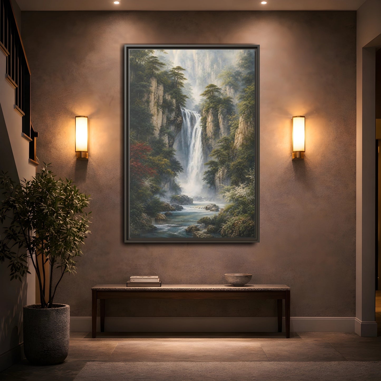 Mockup 2. Nature Waterfall Misty Mountain Waterfall shown as stretched canvas wall art