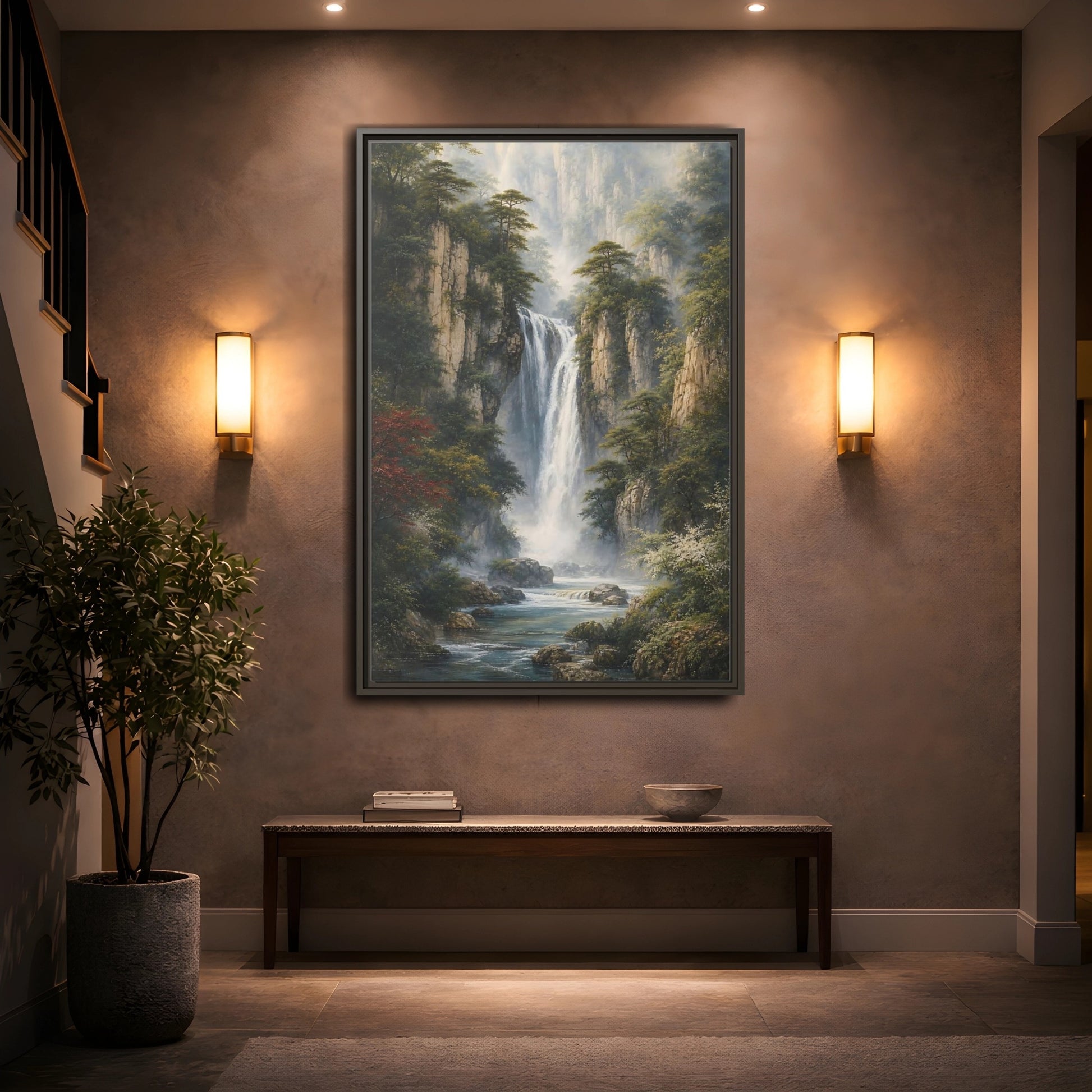 Mockup 2. Nature Waterfall Misty Mountain Waterfall shown as stretched canvas wall art