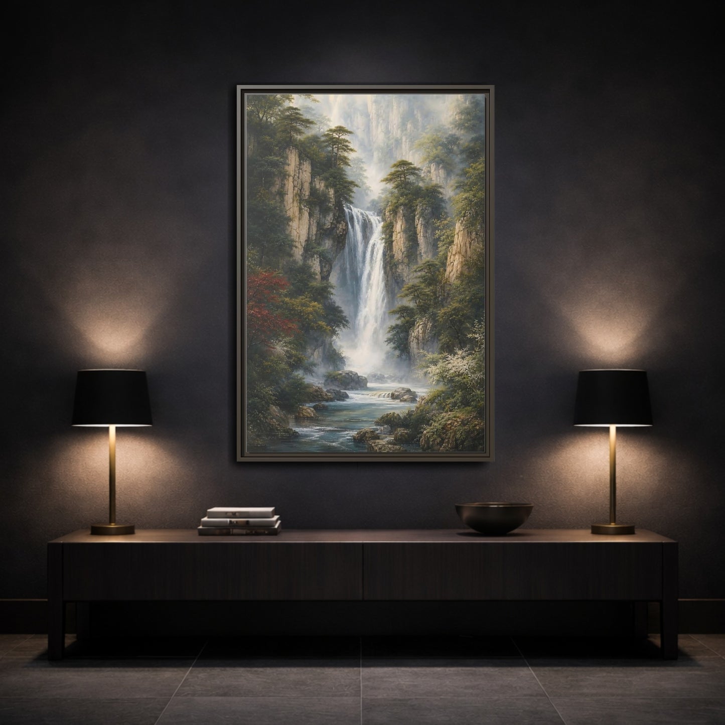 Mockup 3. Nature Waterfall Misty Mountain Waterfall shown as stretched canvas wall art