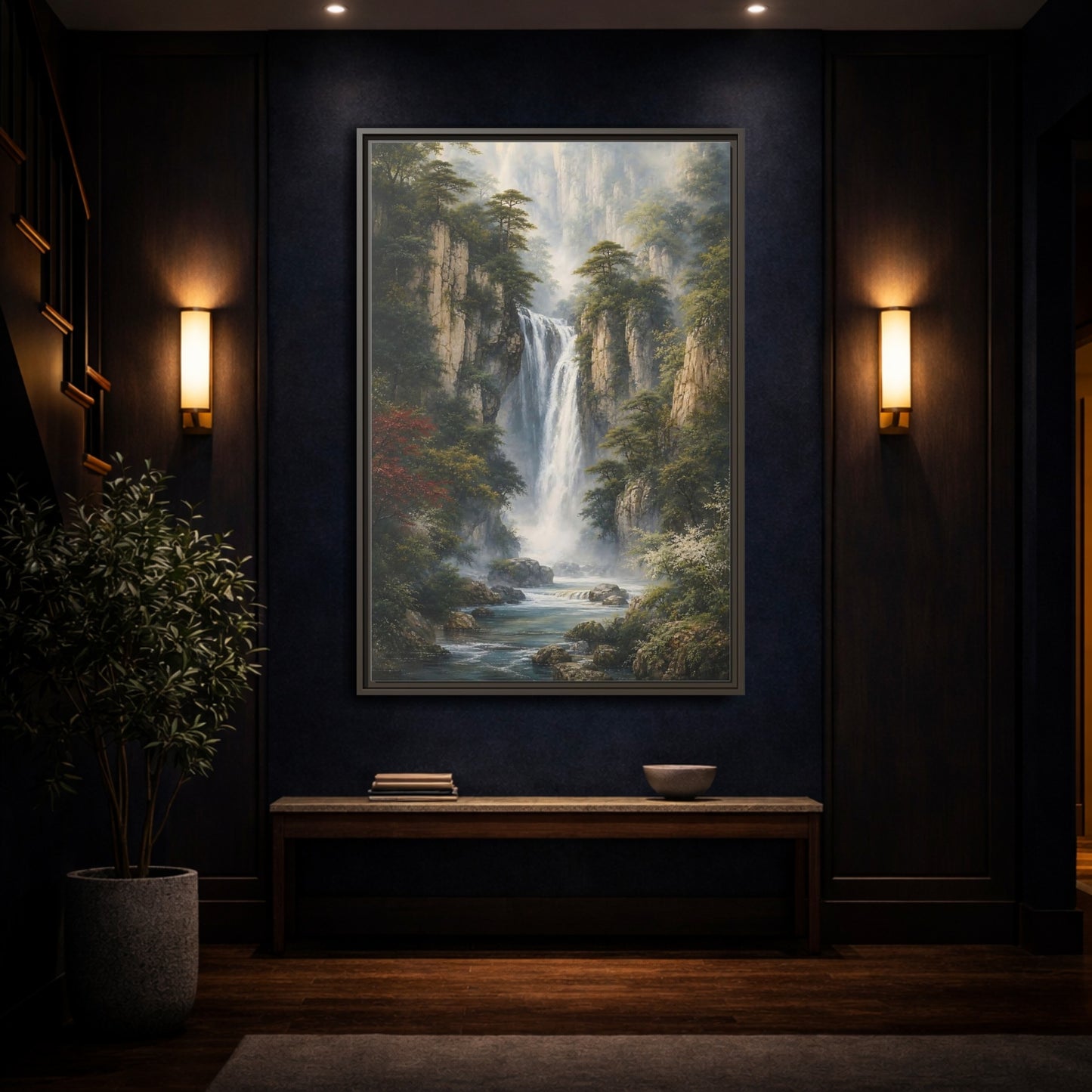 Mockup 4. Nature Waterfall Misty Mountain Waterfall shown as stretched canvas wall art